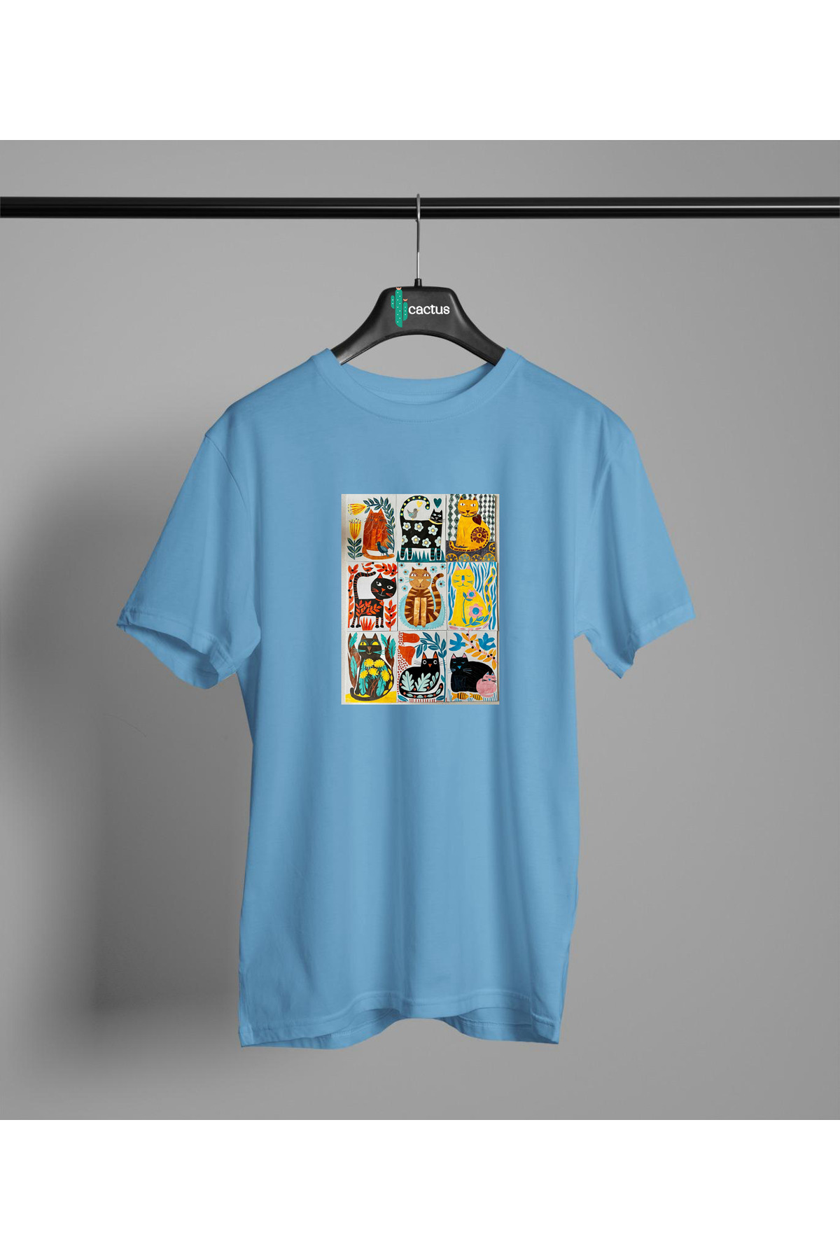 CACTUS MAN 9 COLOR CAT DESIGN PRINT 100% COTTON T-SHIRT