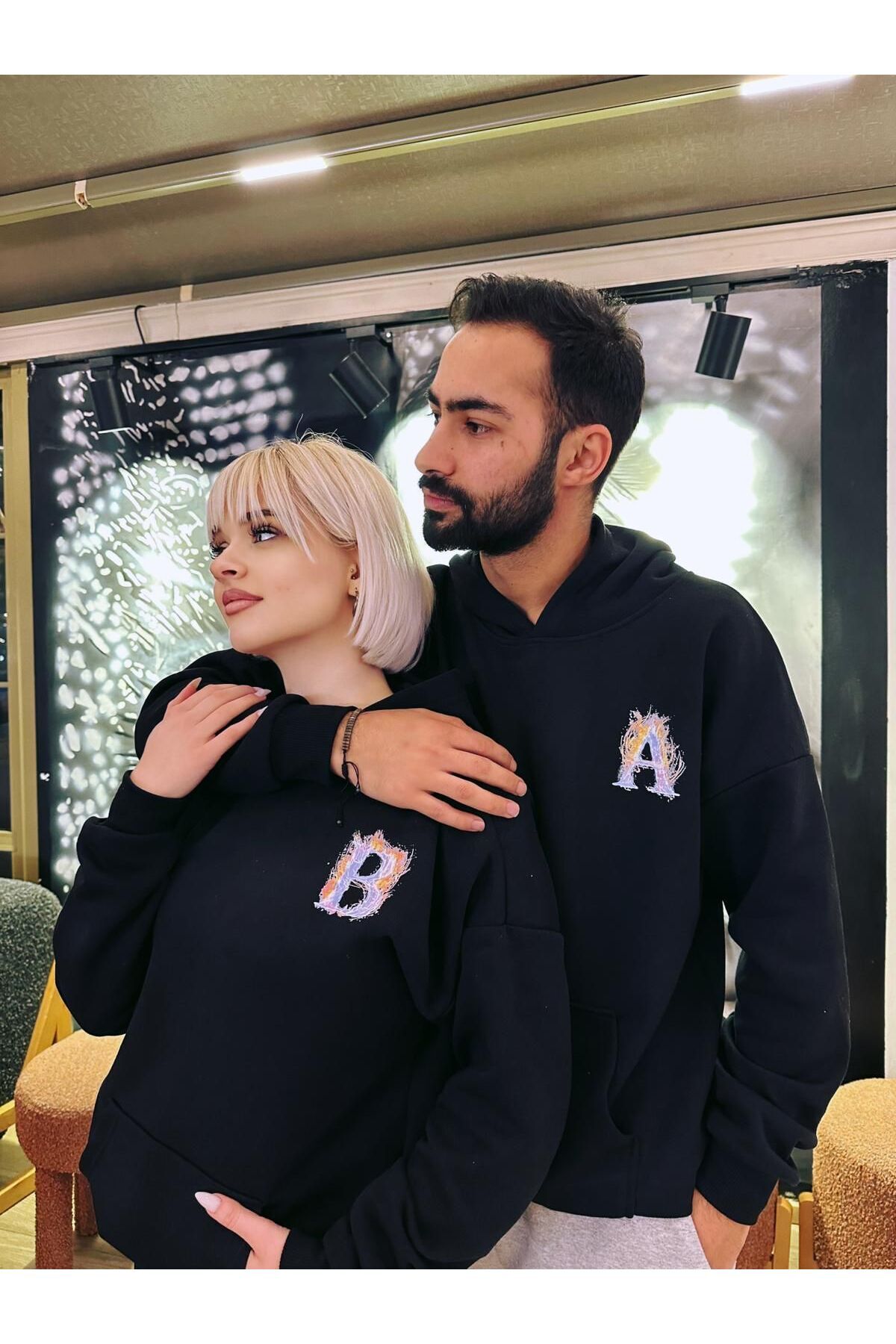 Oneoctobeer-Lover Couple Sweatshirt Combo - Hodie with Initials, Set of 3 Oneoctobeerbaşharf 3