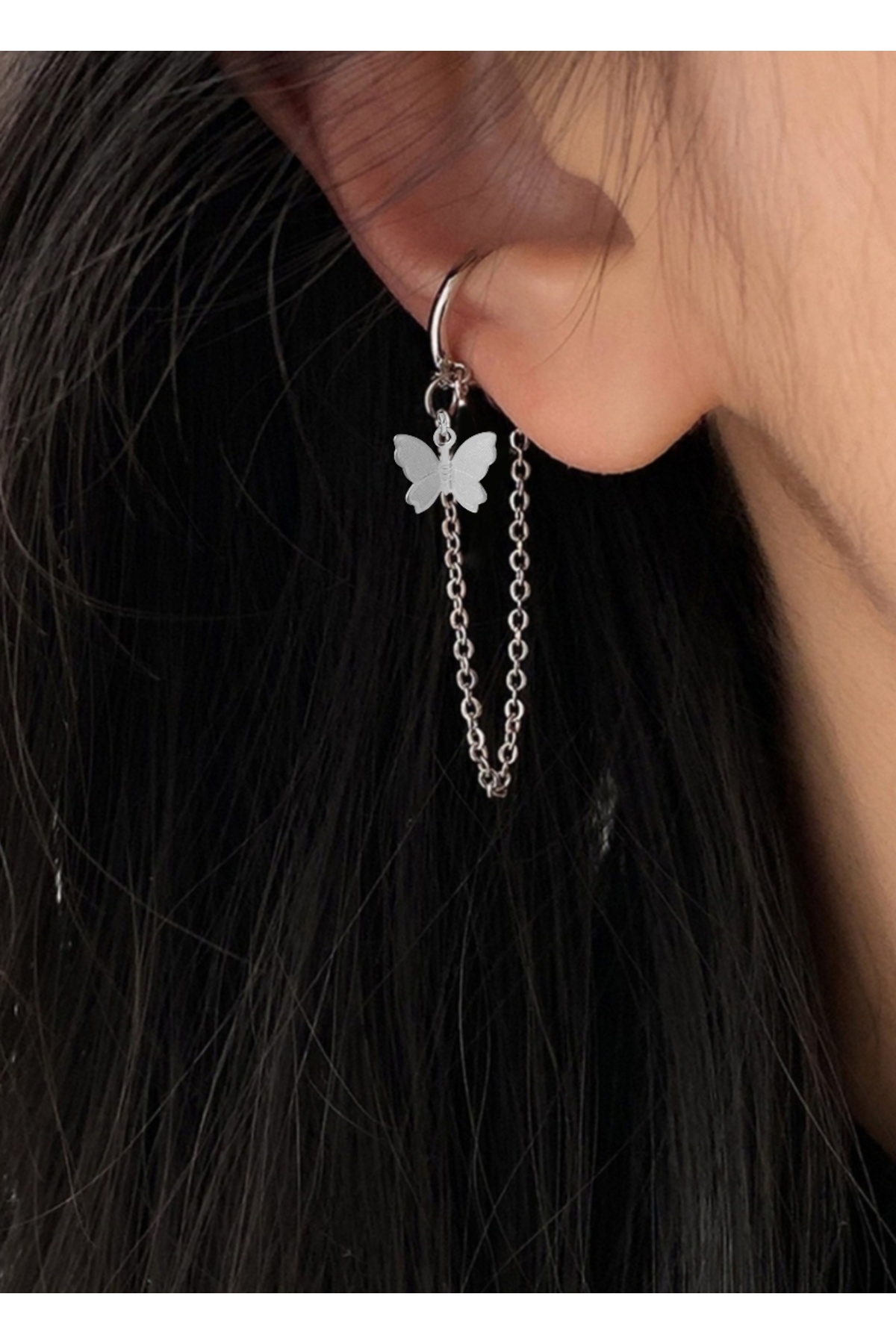 Kelebekli Deliksiz Kıkırdak Küpe, Ear Cuff Kadın Küpe