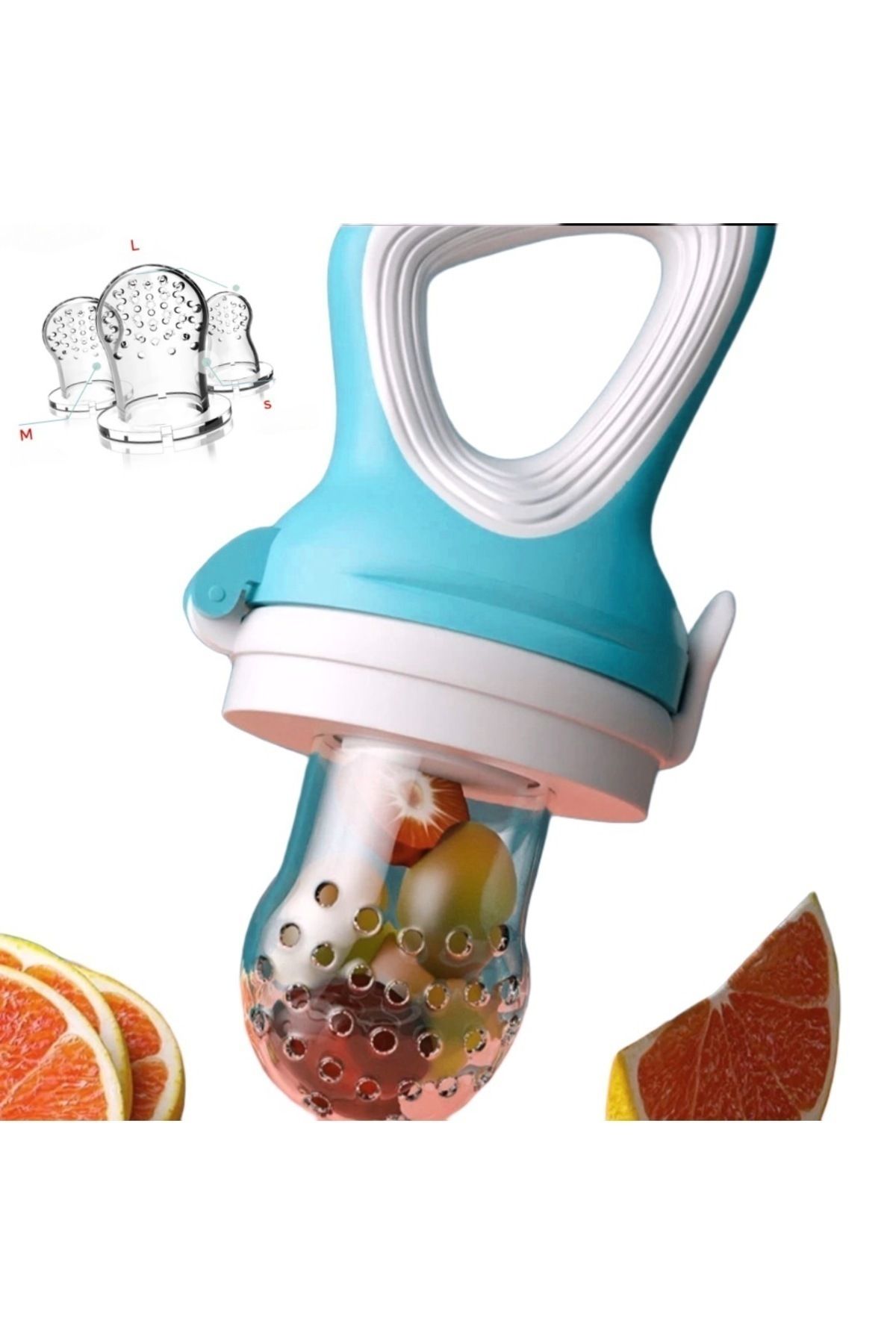 G n l lerim Baby Fruit Feeder Set with 3 Pacifiers Baby Fruit Strainer Set S 4 6 MONTHS M 7 12 MONTHS L 13 24 MONTHS Blue