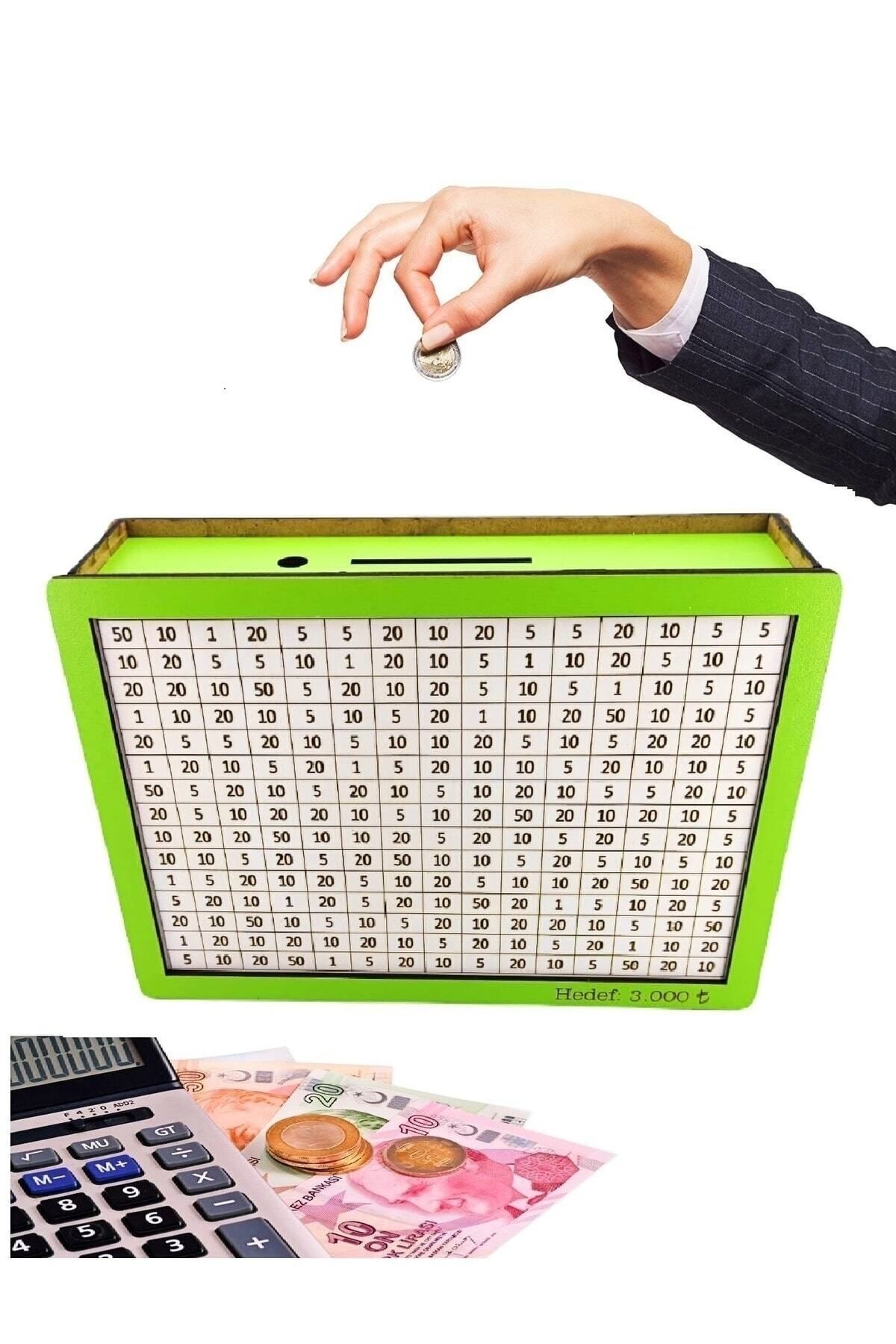 Yeşil Beyaz Parabox Hedefli Para Biriktirme Kumbarası 3.000 Hedefli Ahşap Para Kutusu