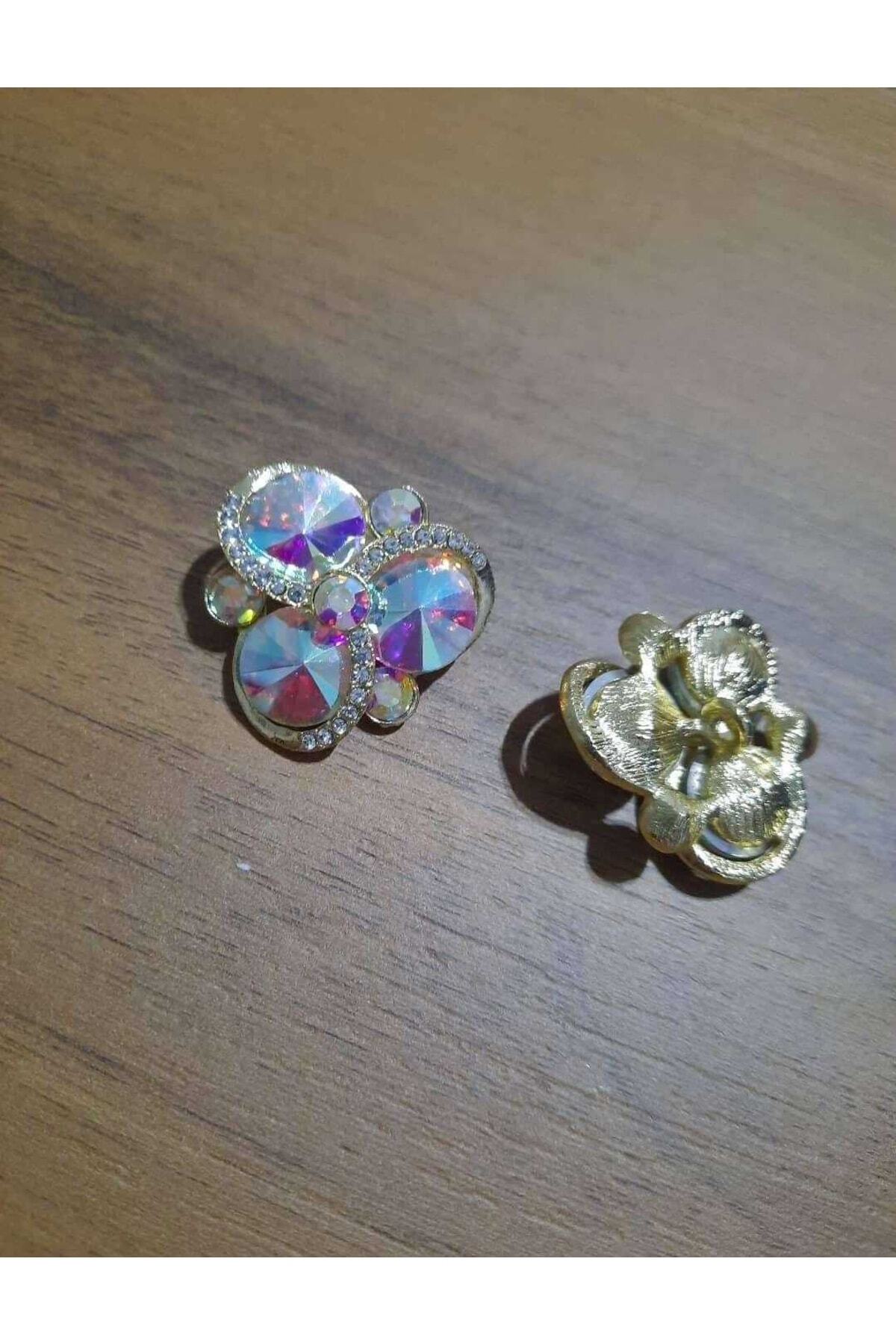 İMREN AKSESUAR Özel Tasarım Gökkusağı Taslı Düğme 3 Cm Light Altın Askı Kaplamalı Metal Düğme 1 Adet