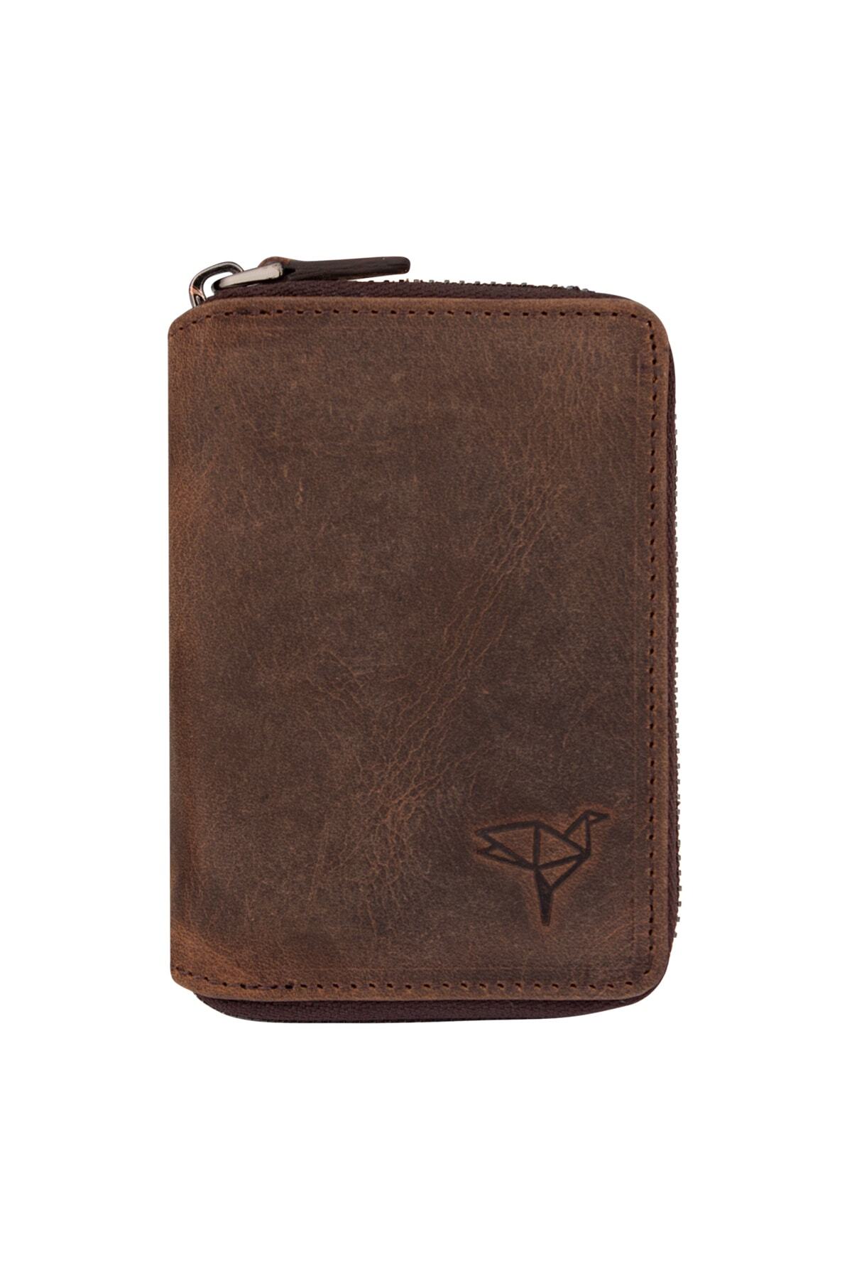 Garbalia Unisex Kahverengi Fargo Vintage Deri Fermuarlı Para Portföy