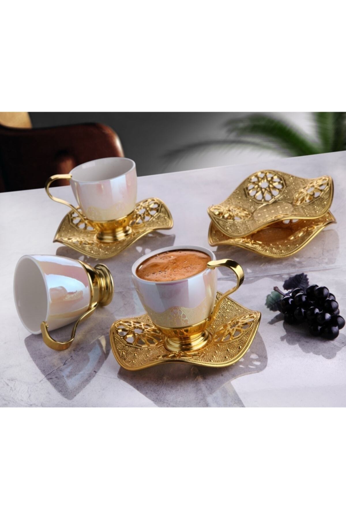 MOS'EV 12 Parça 6 Kişilik Gold Metal Tabaklı Porselen Kahve Takımı ...