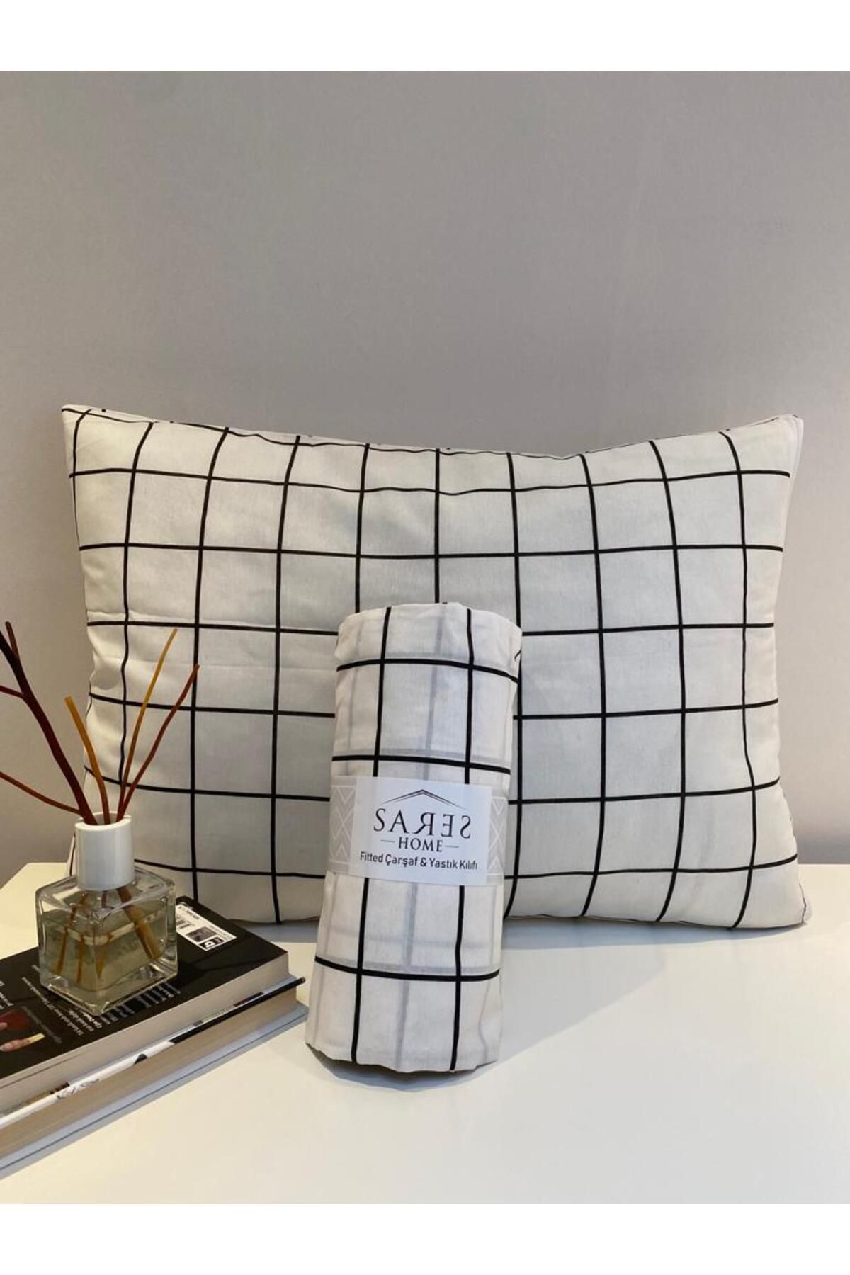 Sares Home-Geometric Pattern White Square Plaid Single Elastic Ranforce Sheet Set (100X200) 3