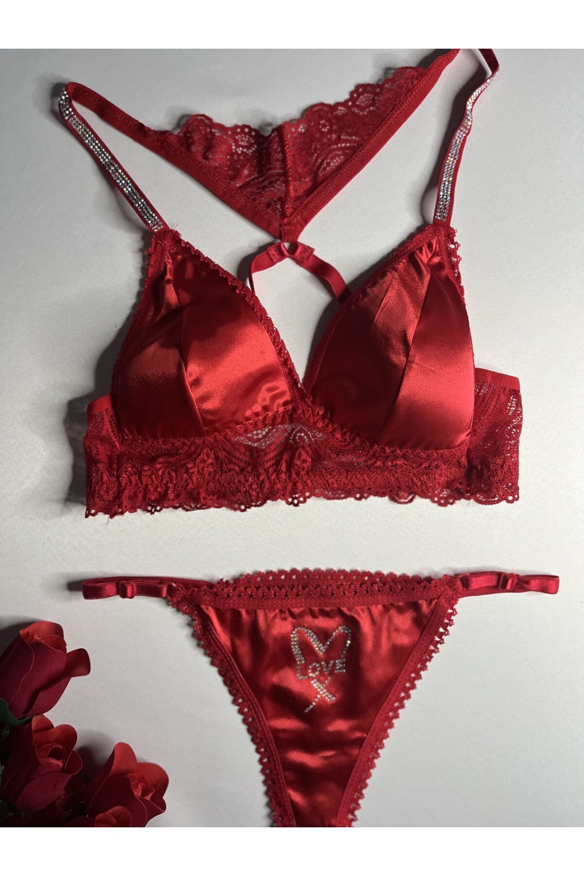 Lunary-Butterfly Model Red Satin Bra Panties Set - Women's Underwear 1