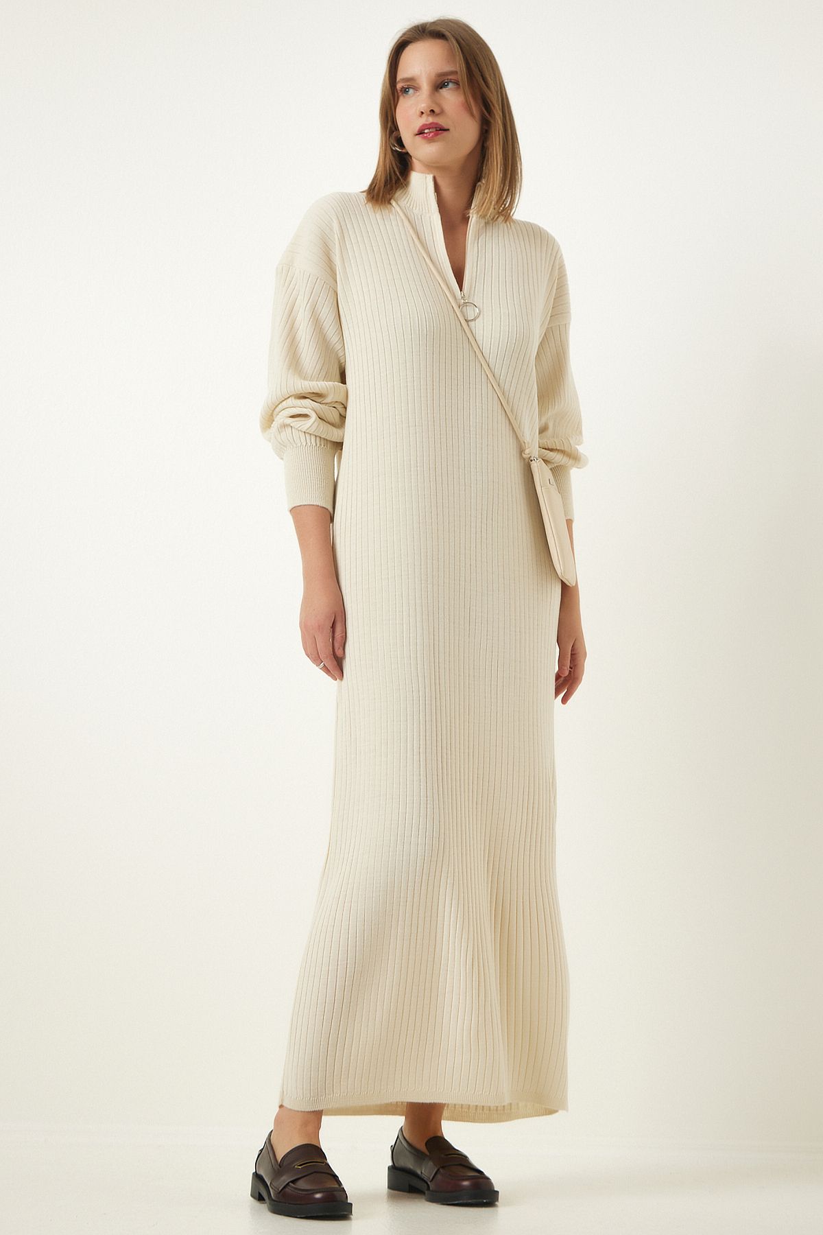 robe longue en tricot à col zippé crème pour femmes dd01295