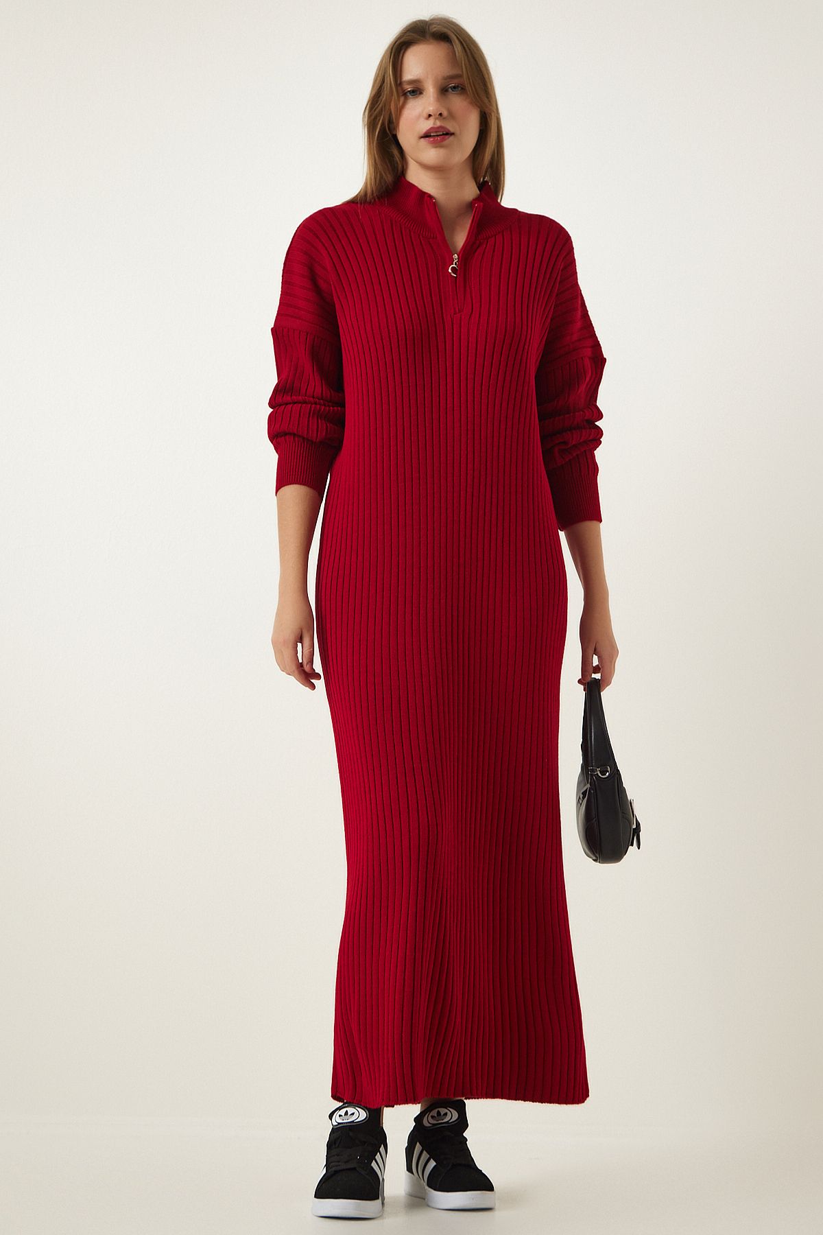 robe longue en tricot à col zippé rouge pour femmes dd01295