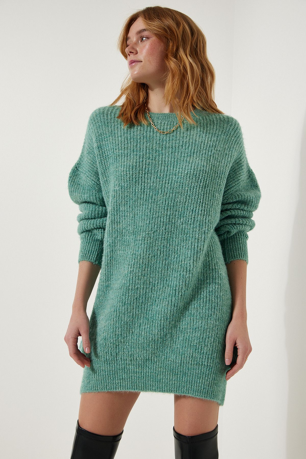 Happiness İstanbul Damski Sweter Oversize W Kolorze Wody Zielonej, Długi, Podstawowy, Z Dzianiny Kobieta - Standard