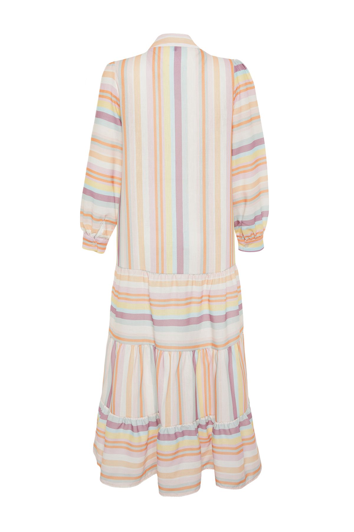 Trendyol Modest-فستان منسوج بمظهر الكتان مع تنورة مخططة متعددة الألوان وكشكشة TCTSS24EB00105 8
