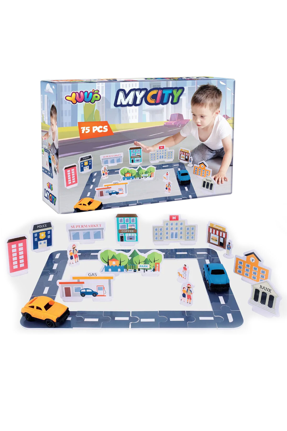 Educational Highway and City Buildings Eva Puzzle Playset 71 Pieces 2 Vehicles Included