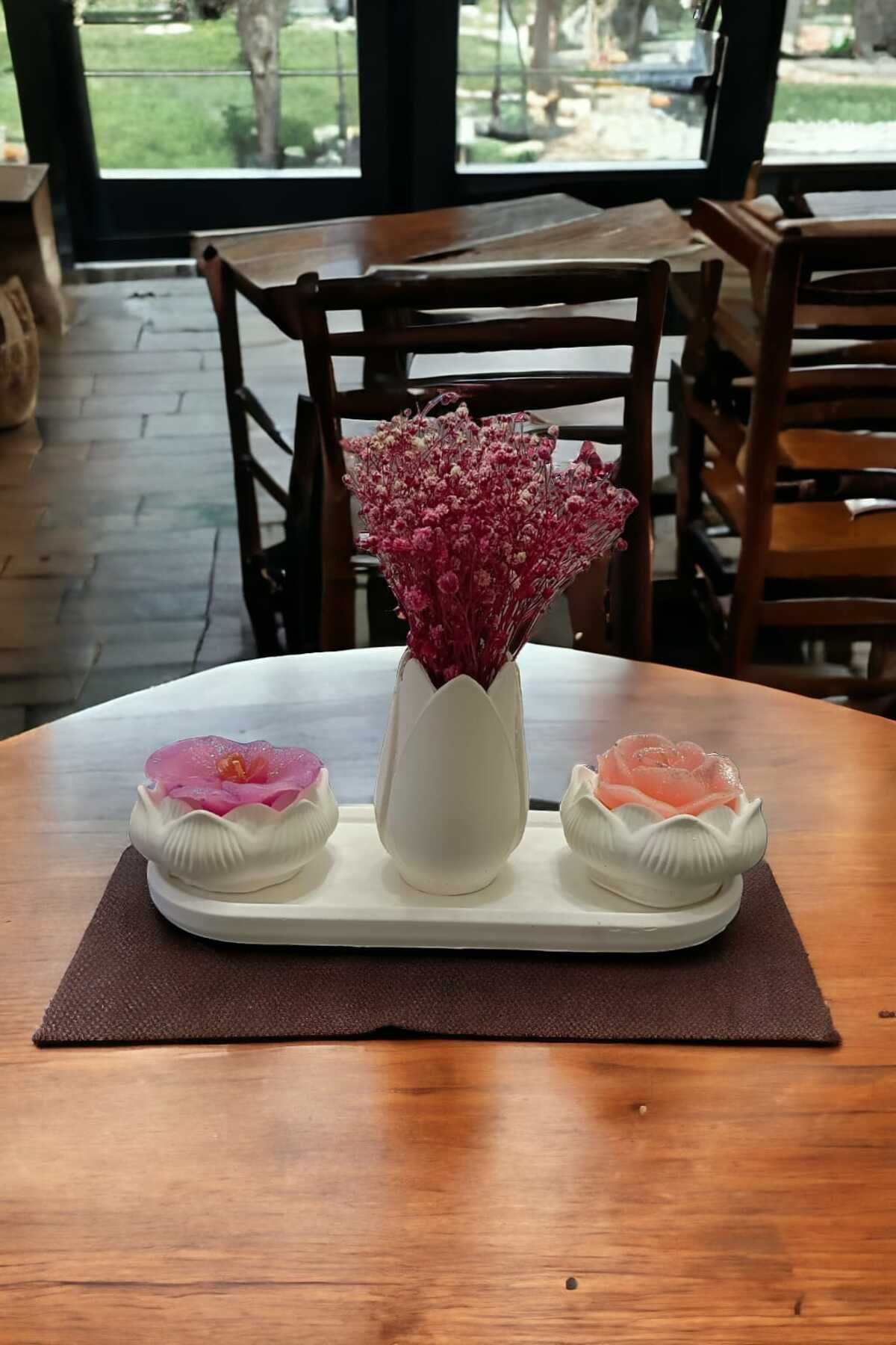 RAİSE STYLE-Tulip Patterned Minimal Vase with Oval Plate and Lotus Flower Pattern Candle Holder 2