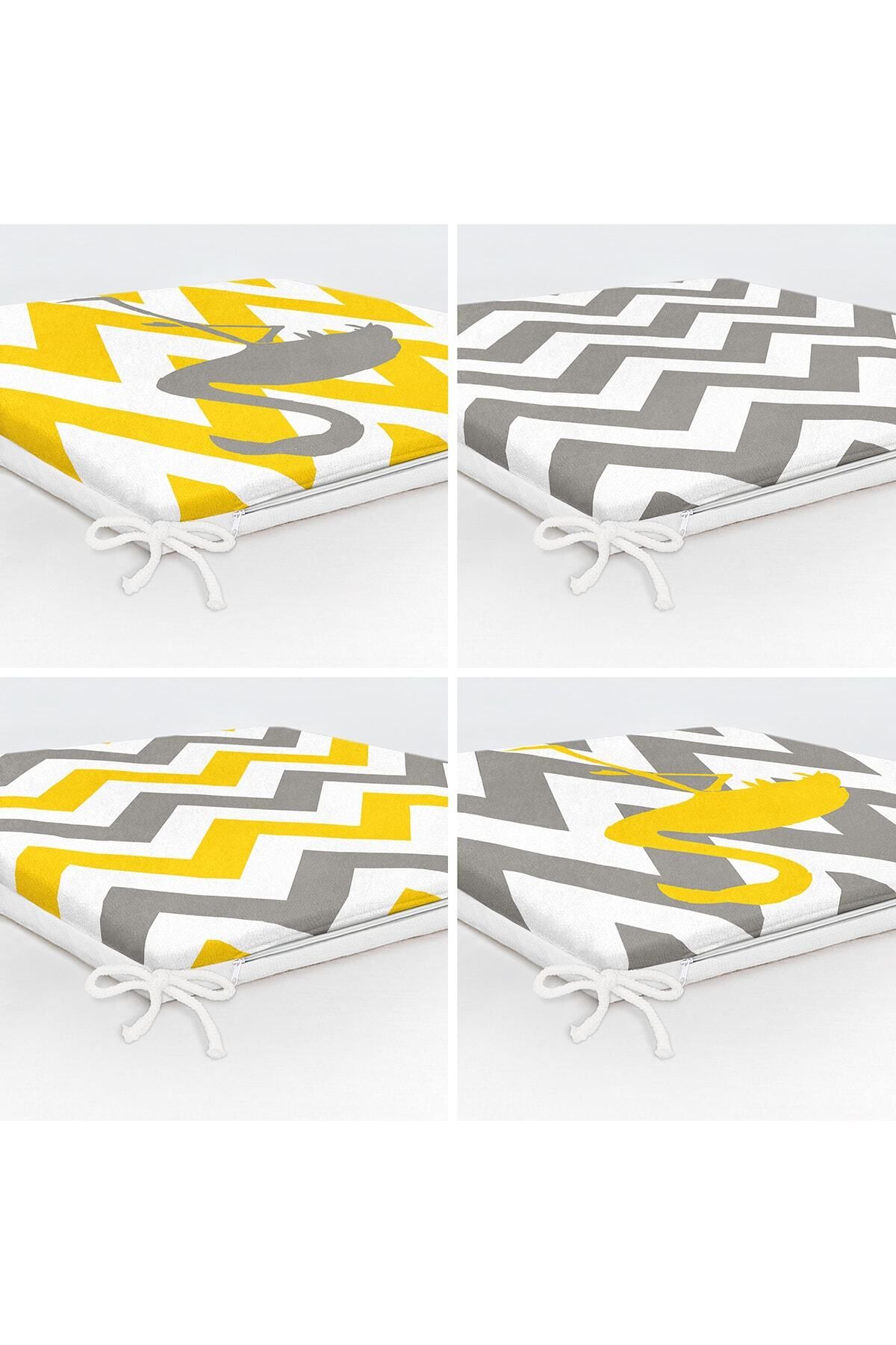 Nish & Royal-Set of 4 Yellow Gray Zigzag Flamingo Patterned Zippered Chair Cushions 5