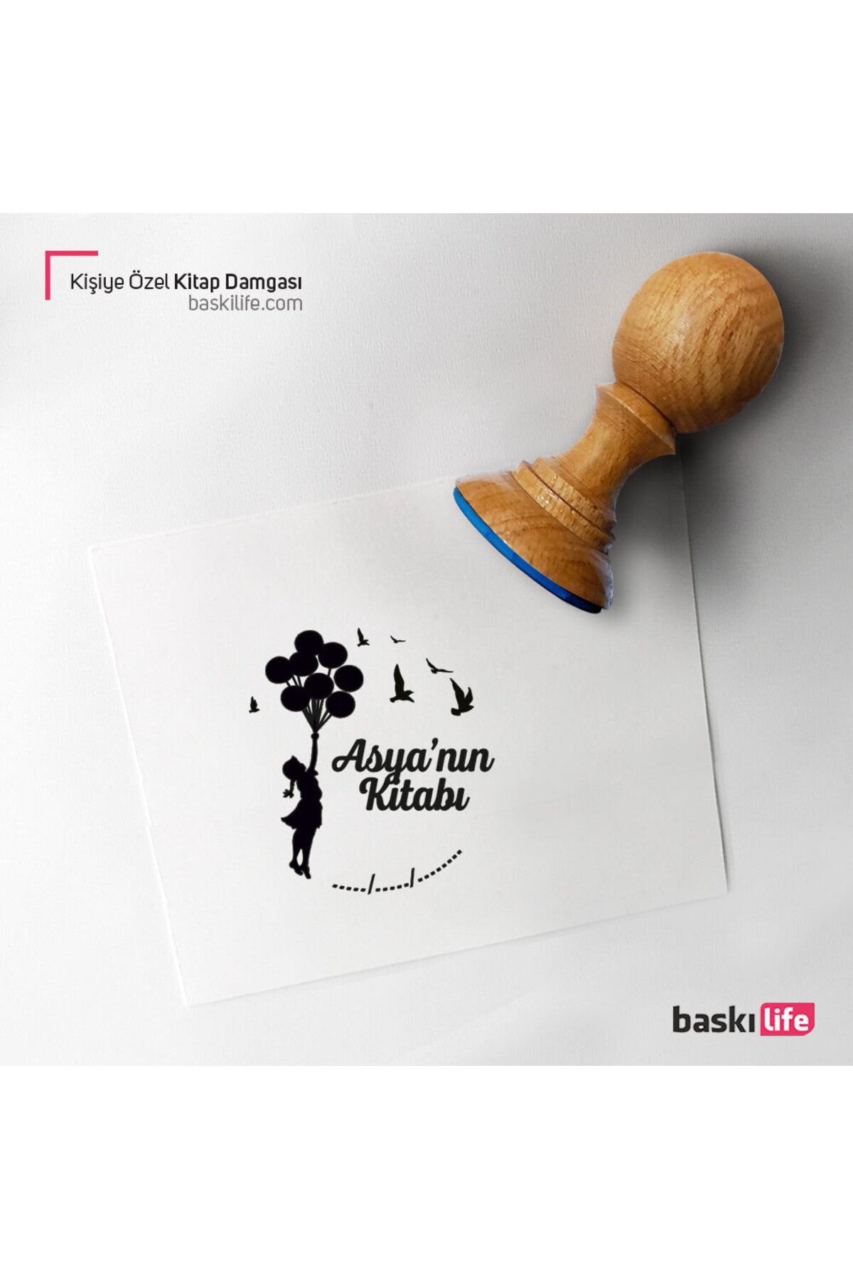 Baskı Life Küçük Kız Balonlar Kişiye Özel Kitap Damgası Kitap Mührü Kaşe Kitap Mühür Özel Damga