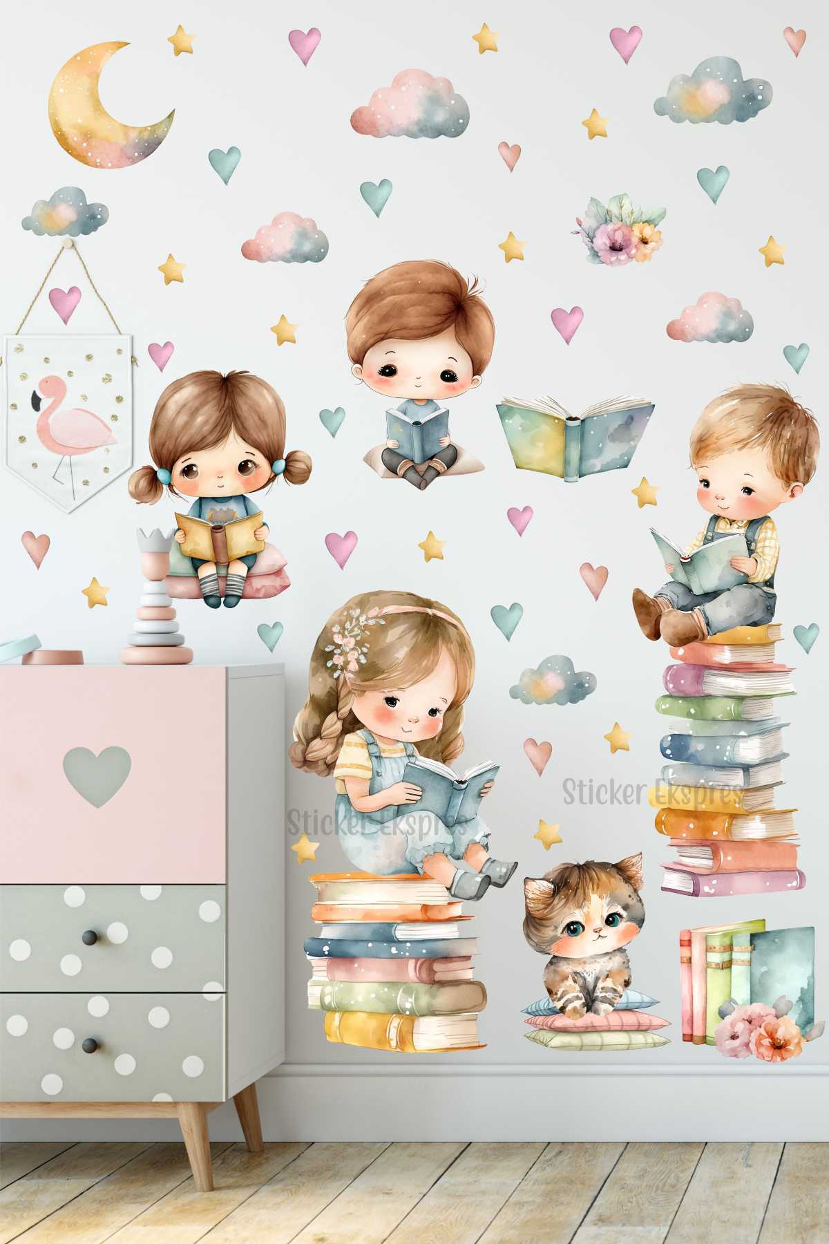 Sticker Ekspres Kitap Okuyan Çocuklar Duvar Sticker Seti fotoğrafı 2 (önizleme)