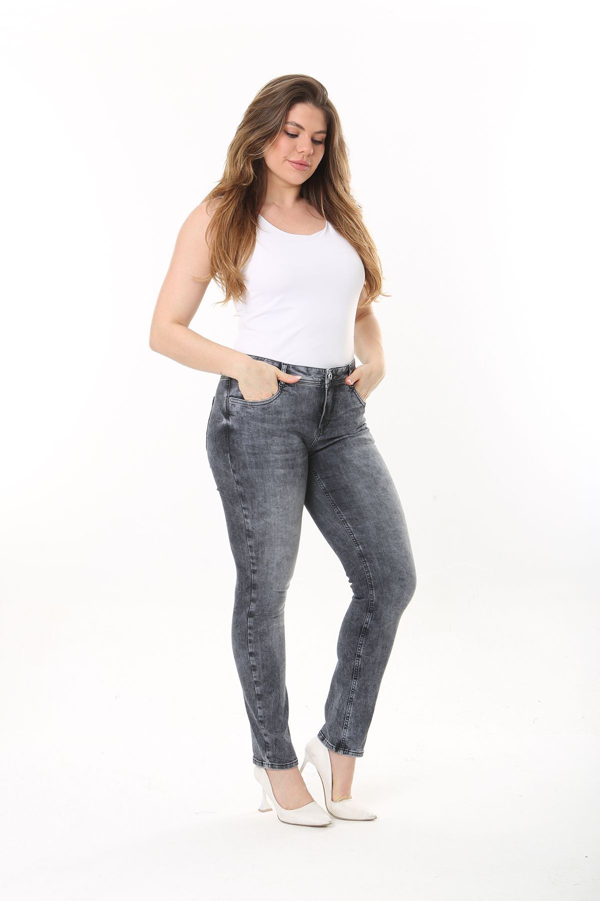 Şans-Women's Large Size Anthracite Lycra 5 Pocket Jeans 65N37477 3