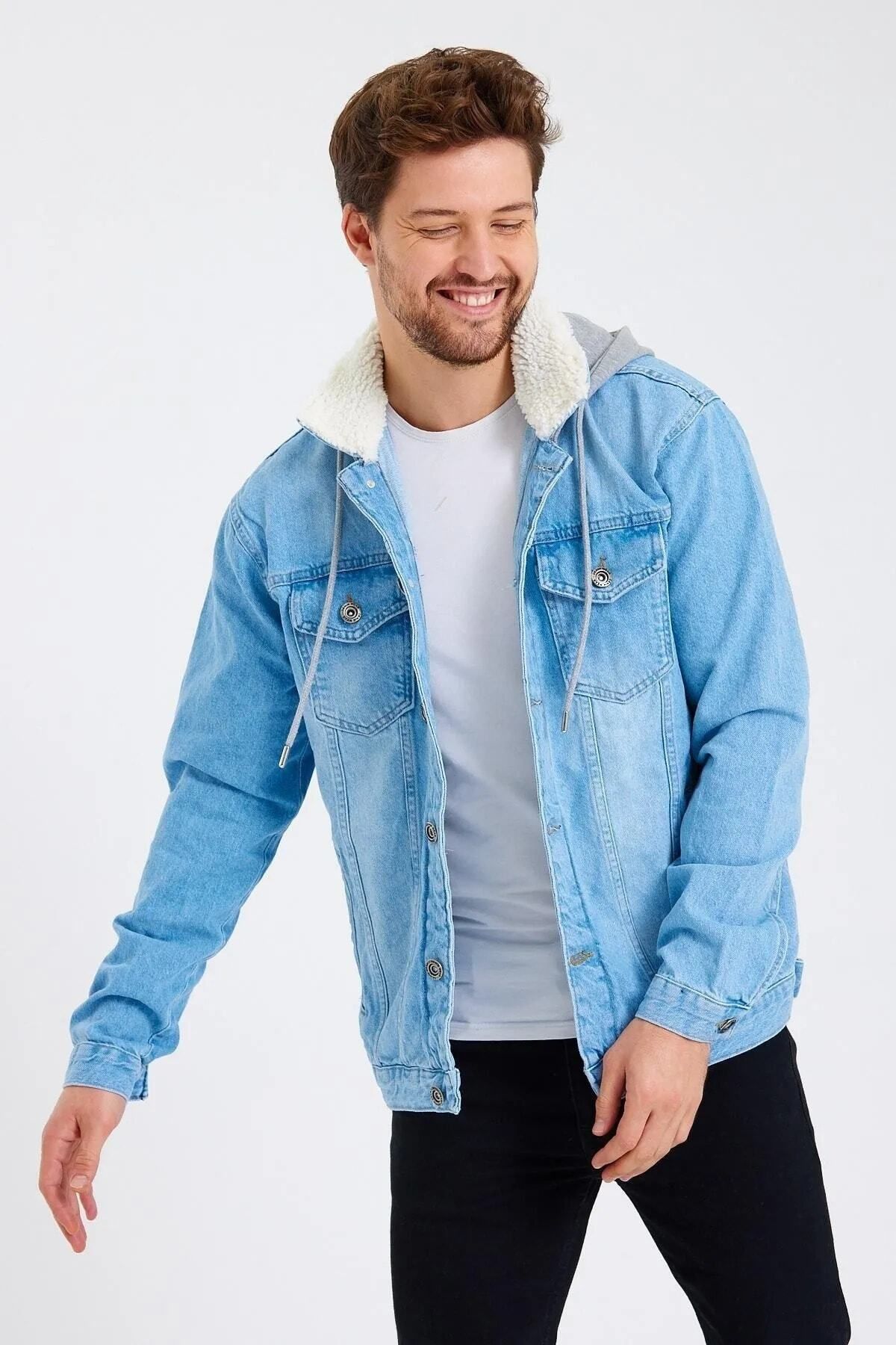 Denim jacket with fur hood mens 2025