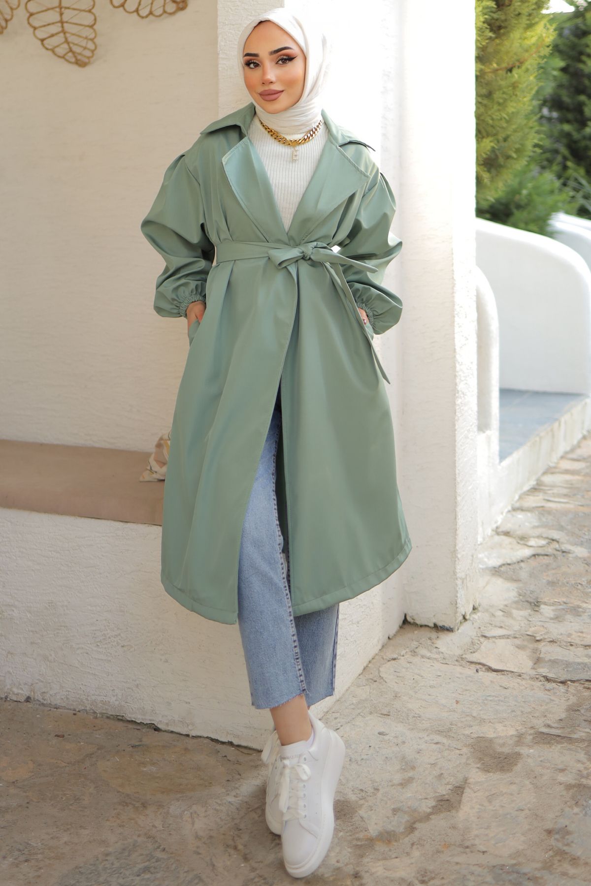 benguen 61533 Belted Trench Coat Mint Green Trendyol