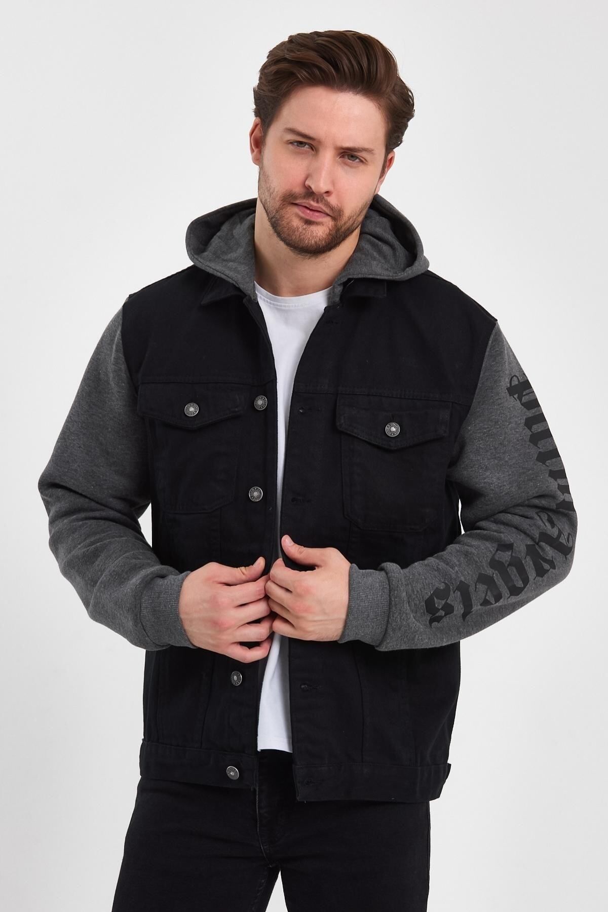 Jean jacket with cotton sleeves and hood on sale