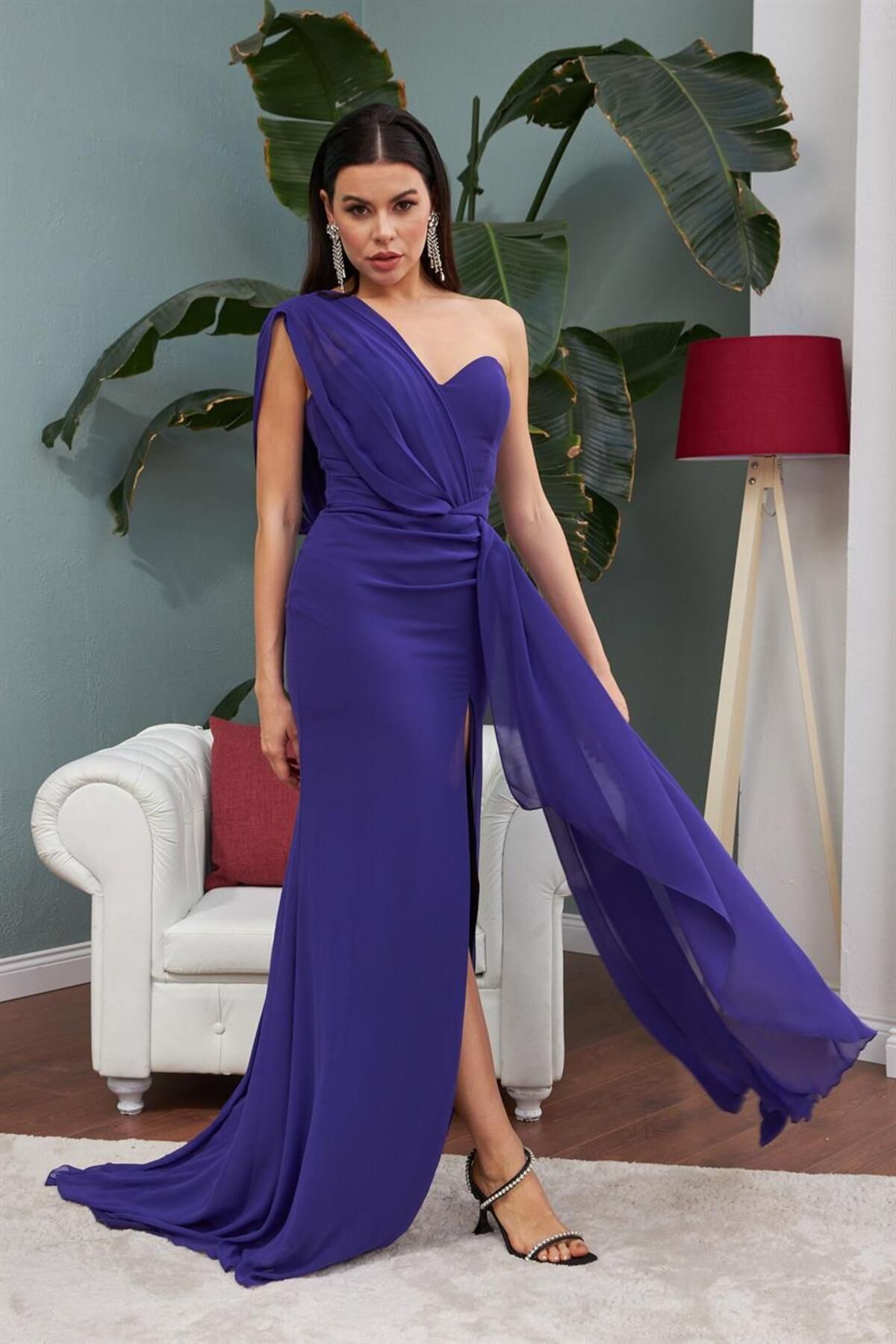 CARMEN Purple Chiffon One Shoulder Slit Long Evening Dress Trendyol