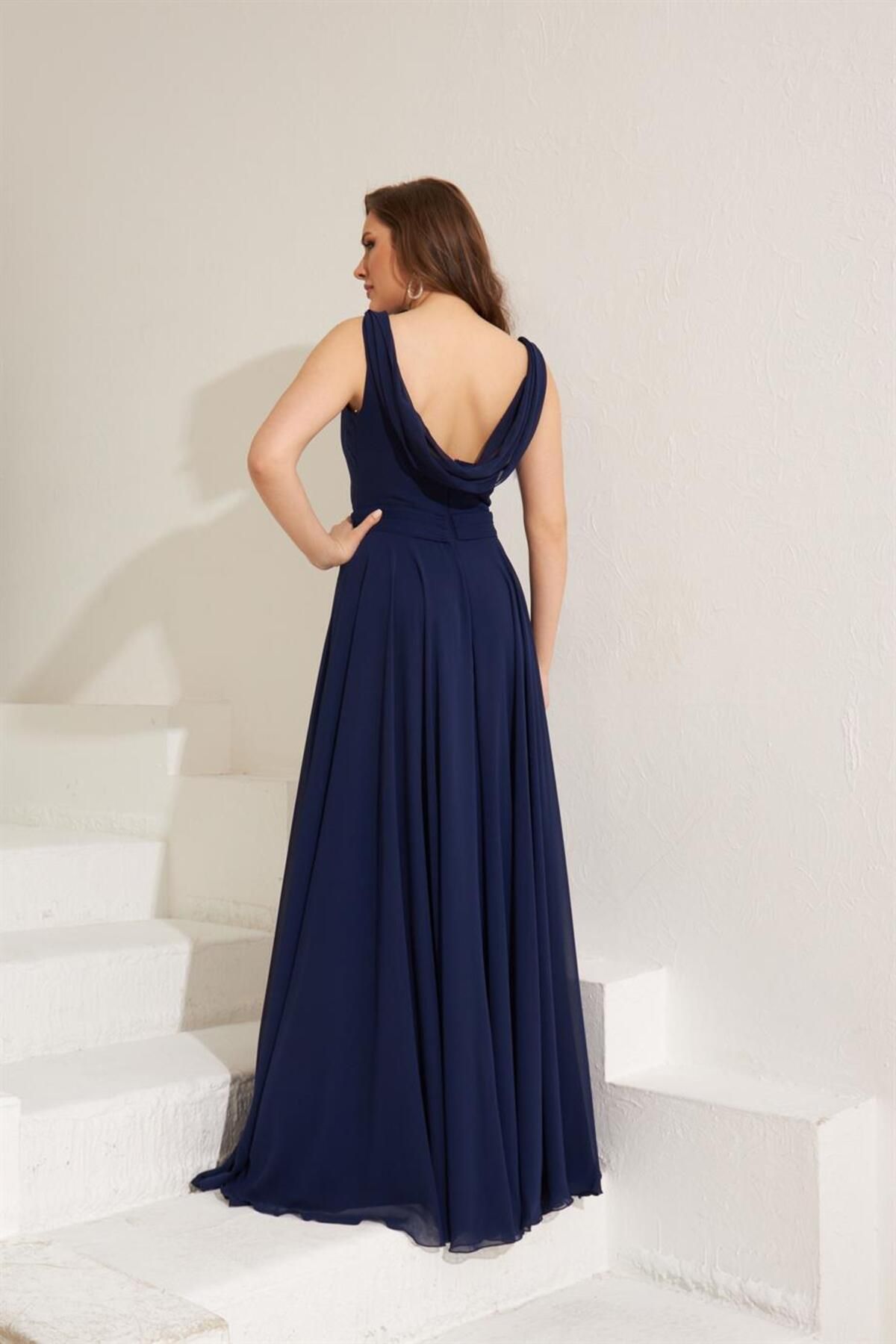 CARMEN Navy Blue Chiffon Off Neck Long Evening Dress and