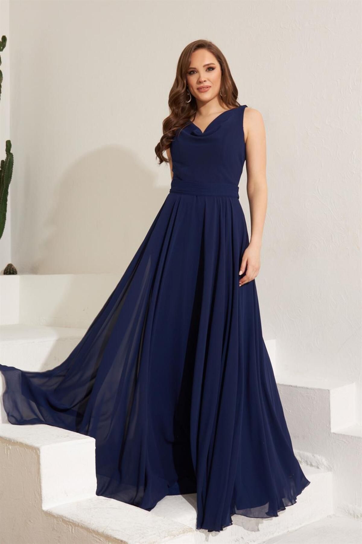 Dark blue cheap chiffon dress