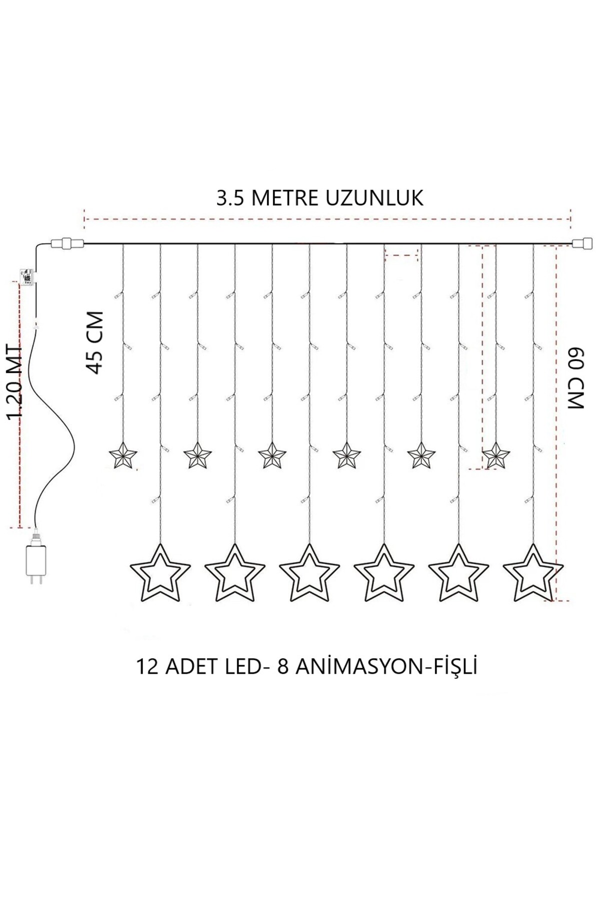 Perde Yıldız LED Fişli 3 Metre 8 Animasyonlu Sarı Dizi Işık Aydınlatma Süsleme Dekor (Kutulu Paket)