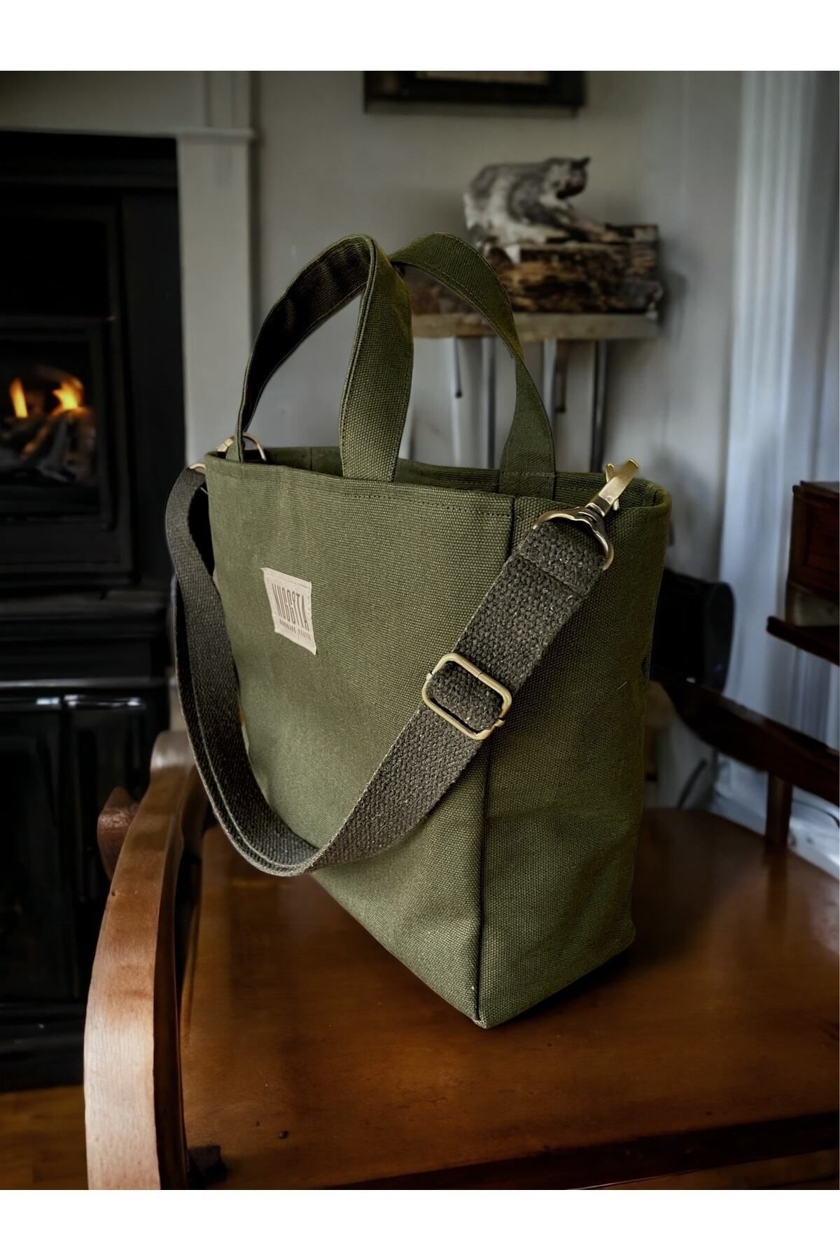 Nuggita-Medium Size Khaki Linen Canvas Crossbody Handbag and Organizer / Clutch Set 3