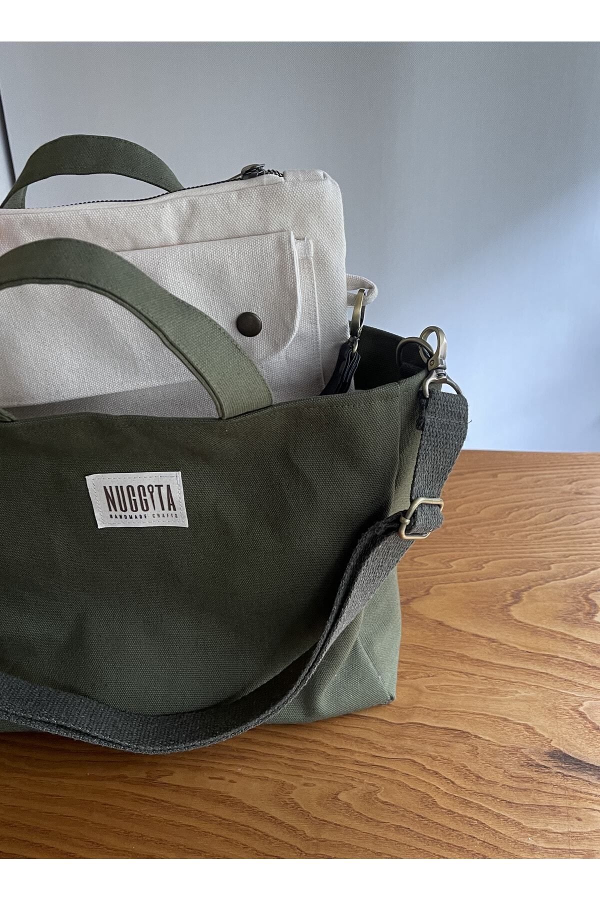 Nuggita-Medium Size Khaki Linen Canvas Crossbody Handbag and Organizer / Clutch Set 4