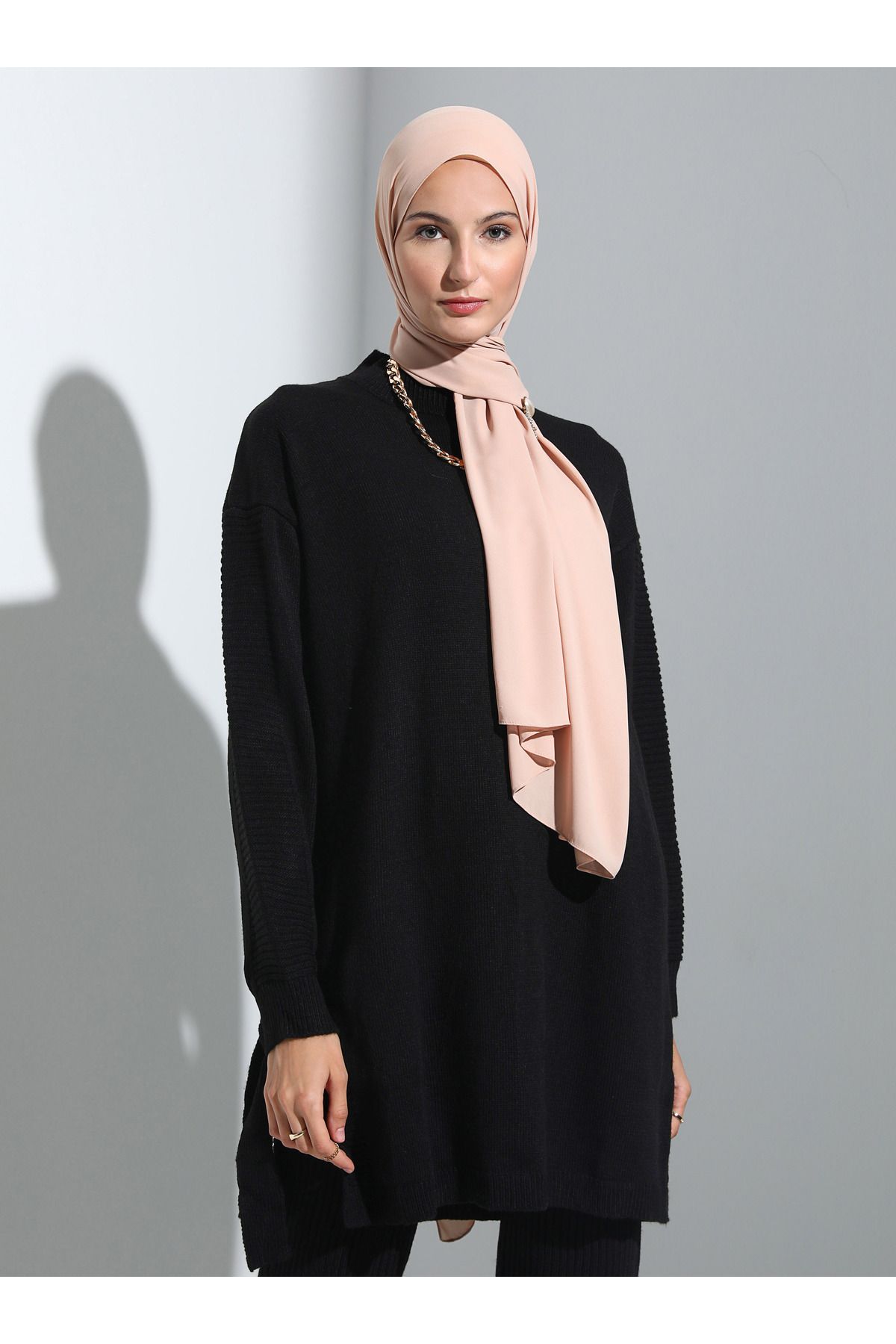 Refka-Doppeltes Strick-Set aus Tunika und Hose mit Bindedetail – Schwarz – 3