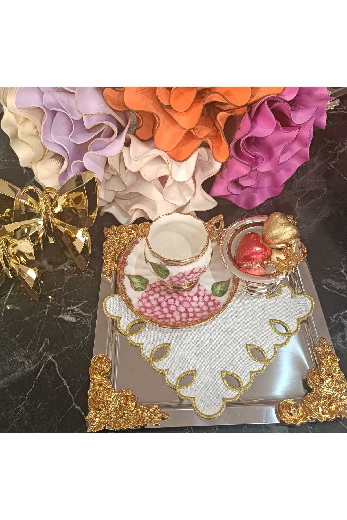 adreanna silver sim işlemeli kahve yanı, sunum peçetesi ve kokteyl peçetesi 6 adet