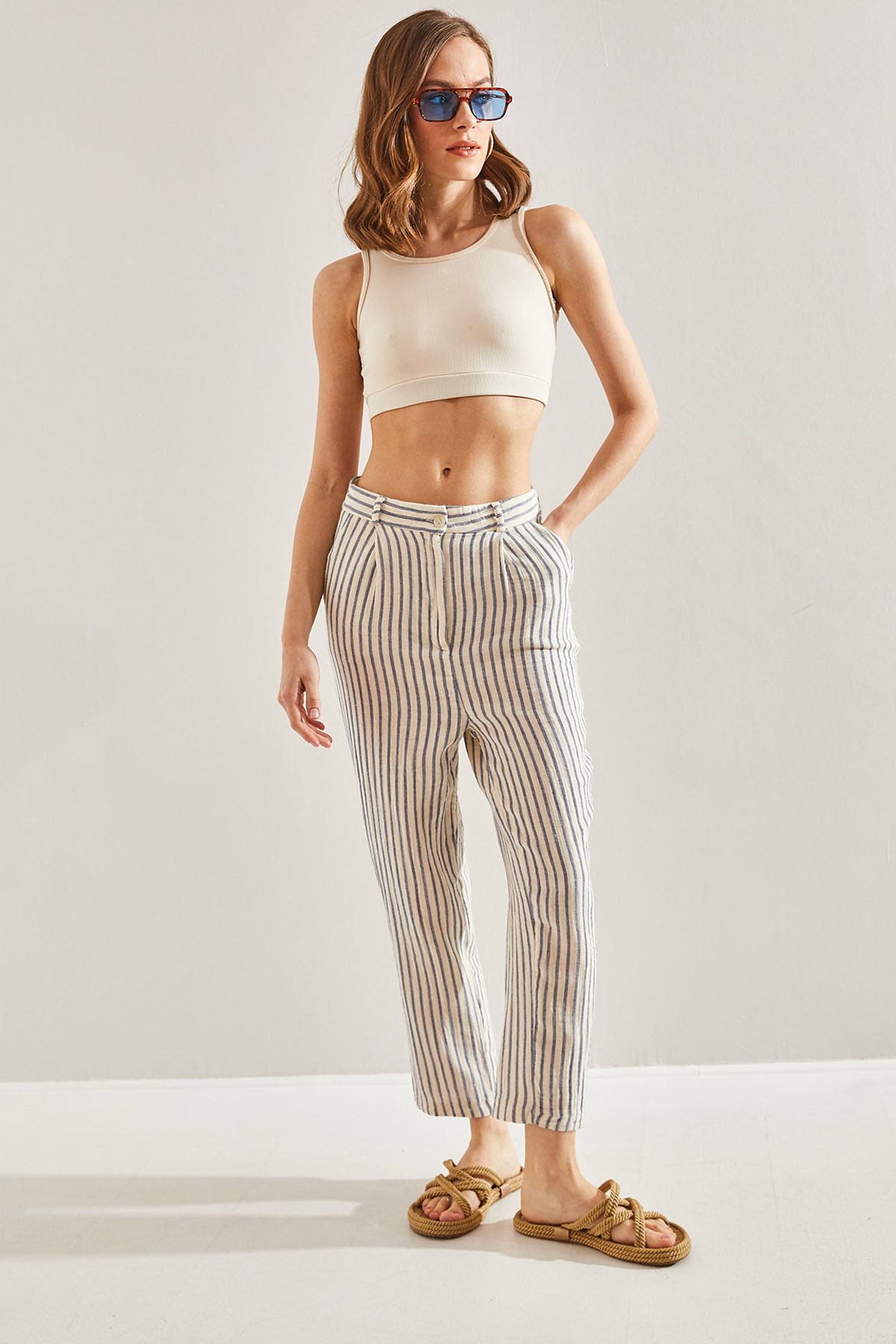 Bianco Lucci-Women's Striped Front Placket Trousers 4
