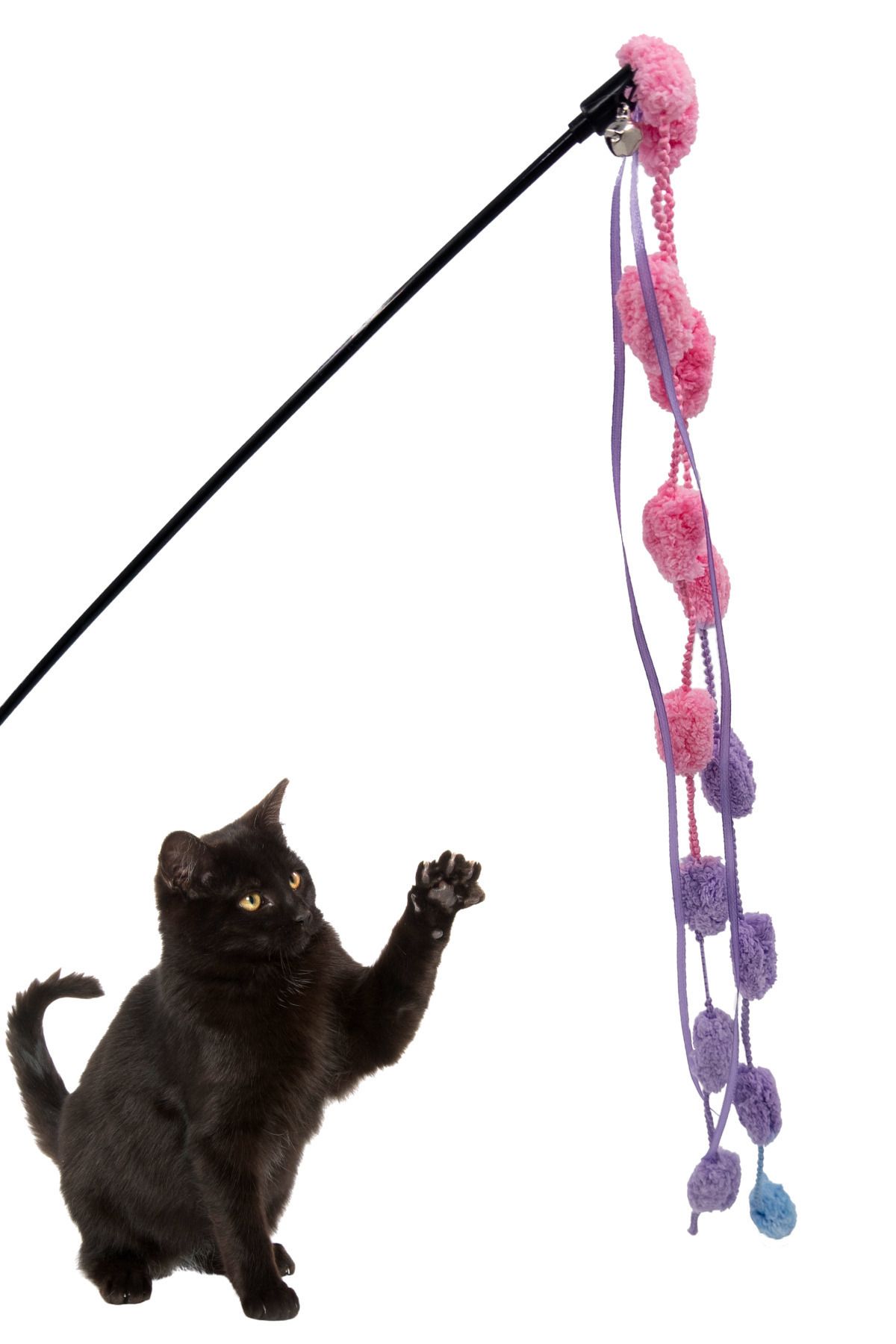 Renkli Ponponlu Kedi Oltası 50 Cm Ses Çıkaran Çıngıraklı Kedi Oyun Oltası