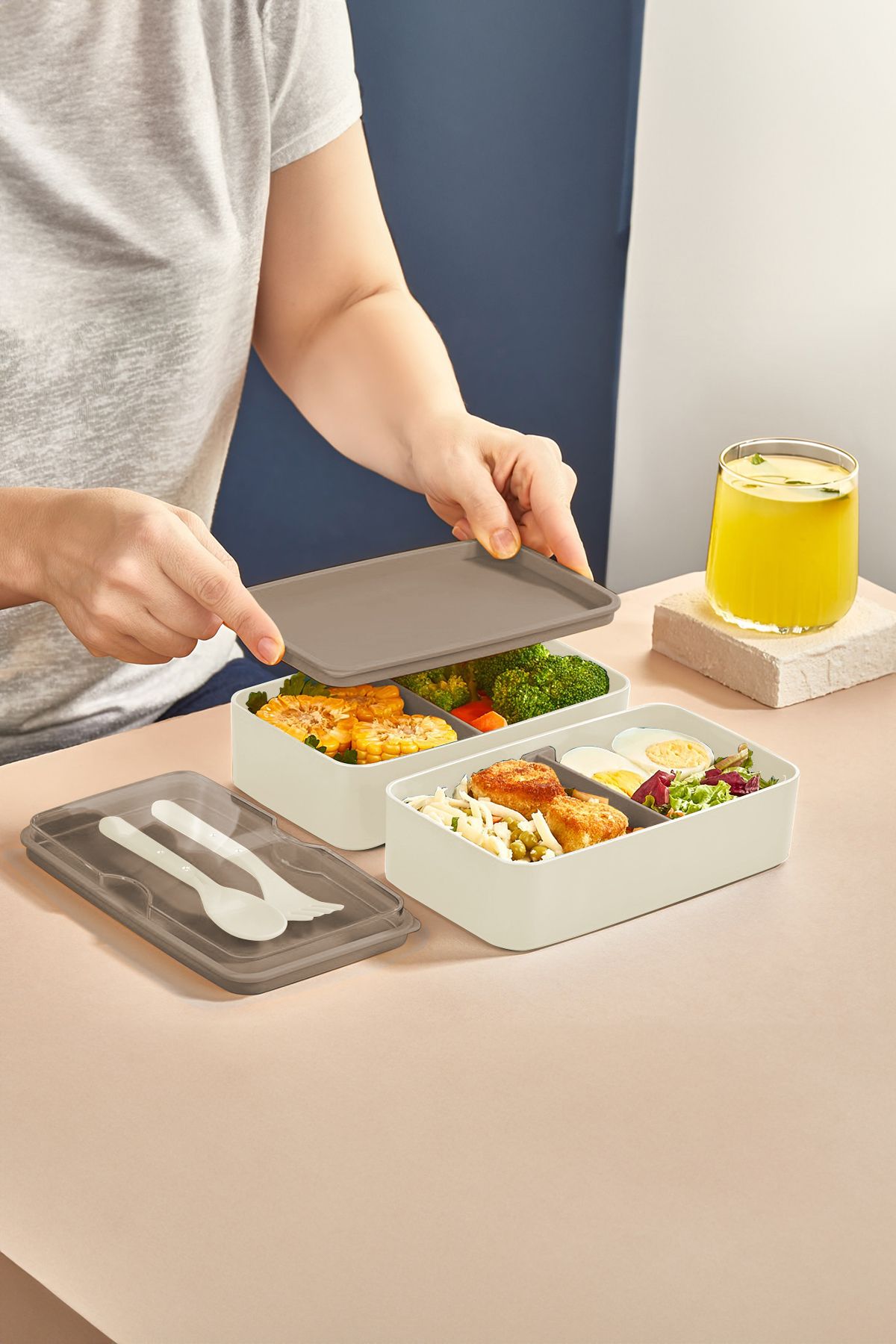 Meleni Home-2-Layer Adjustable Rectangular Lunch Box - Food Storage Box with Fork and Spoon Serving Beige 6