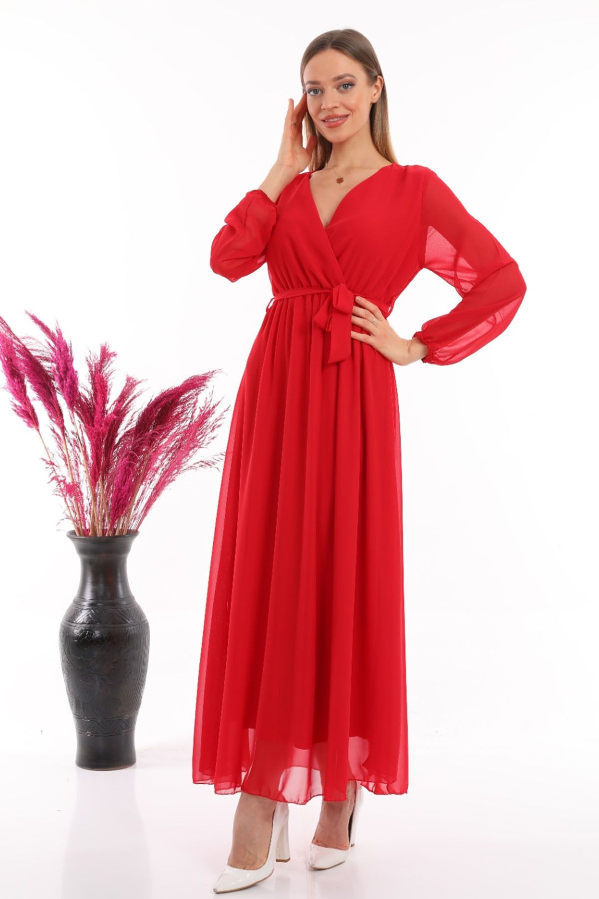 zks grup tekstil-Red Double-breasted Collar Belted Plus Size Chiffon Dress 2