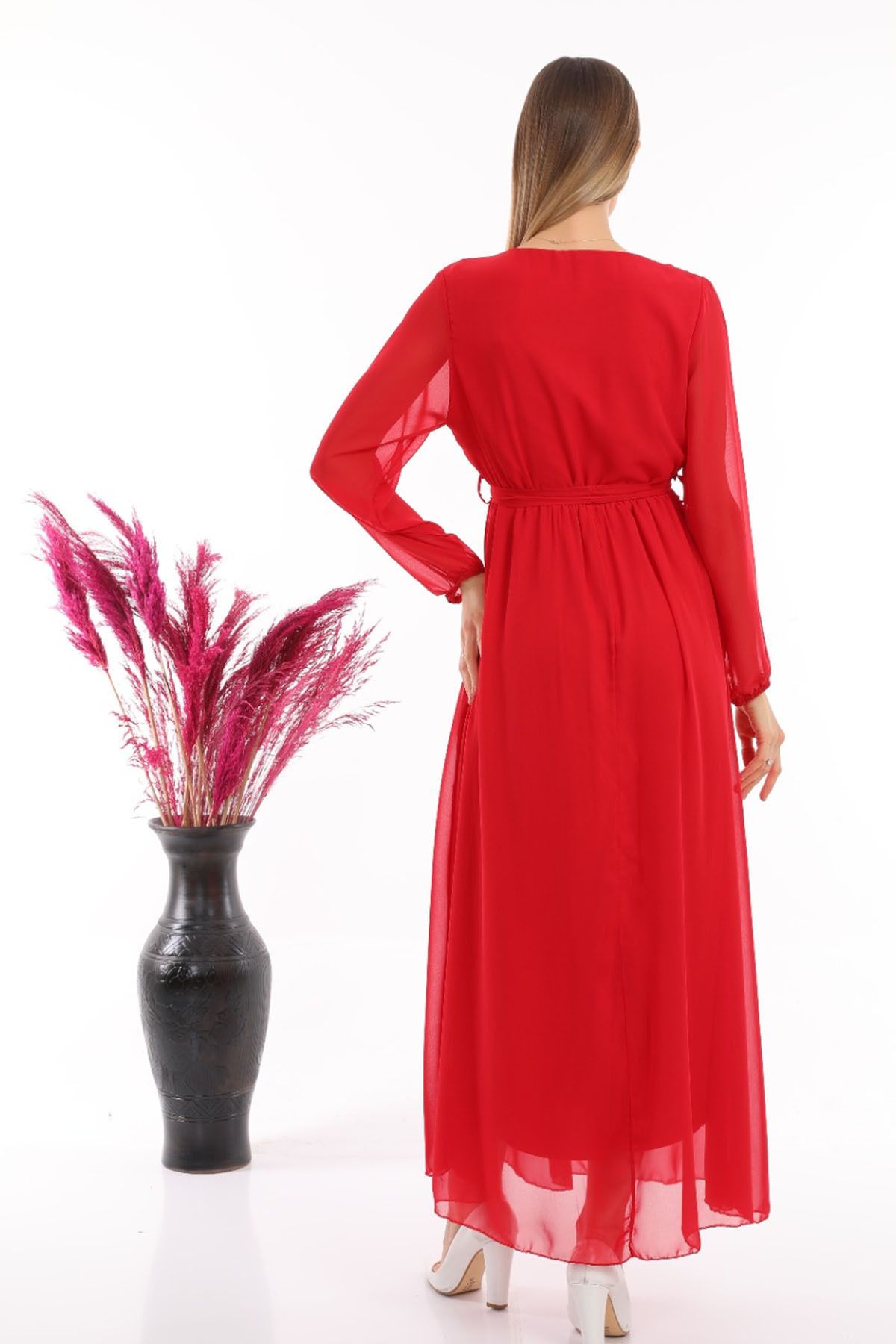 zks grup tekstil-Red Double-breasted Collar Belted Plus Size Chiffon Dress 4