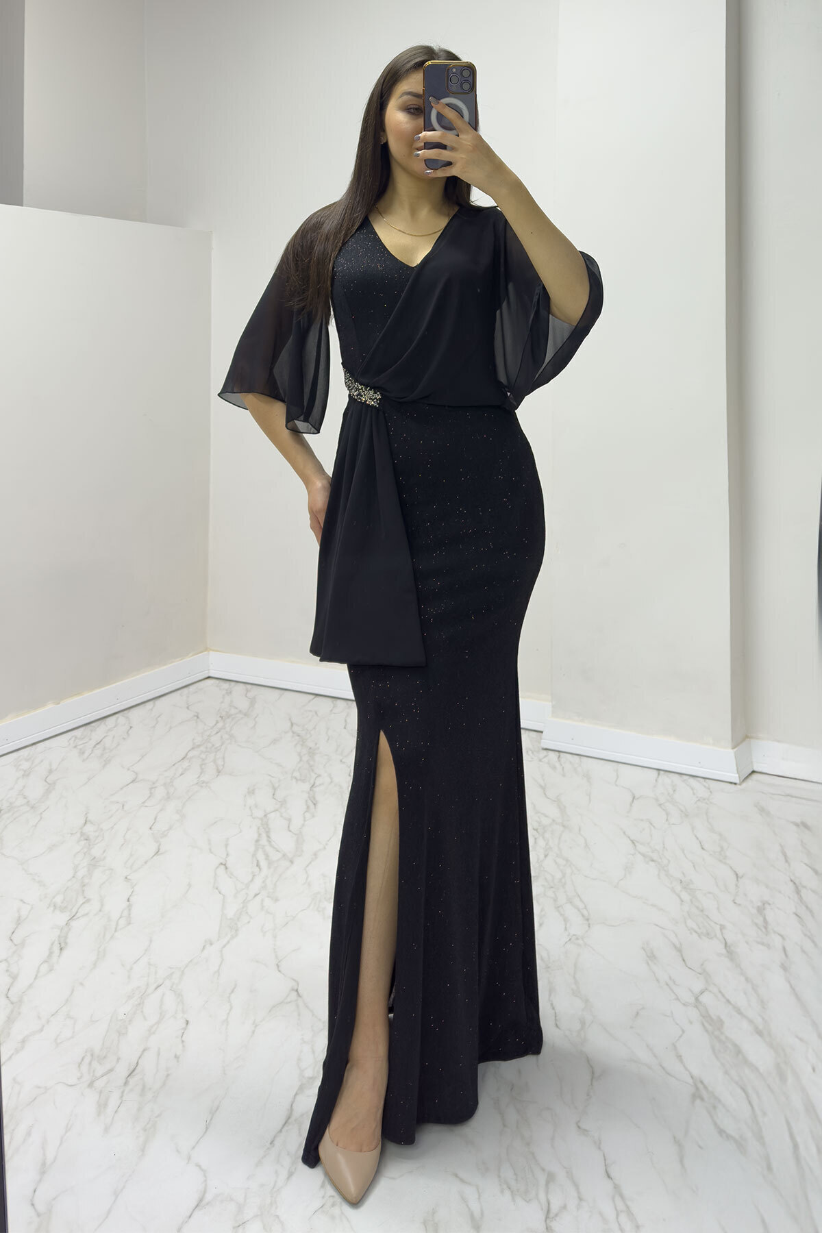 Women's Black Short Sleeve Glitter Long Stone Deaty Plus Size New Season Evening Dress