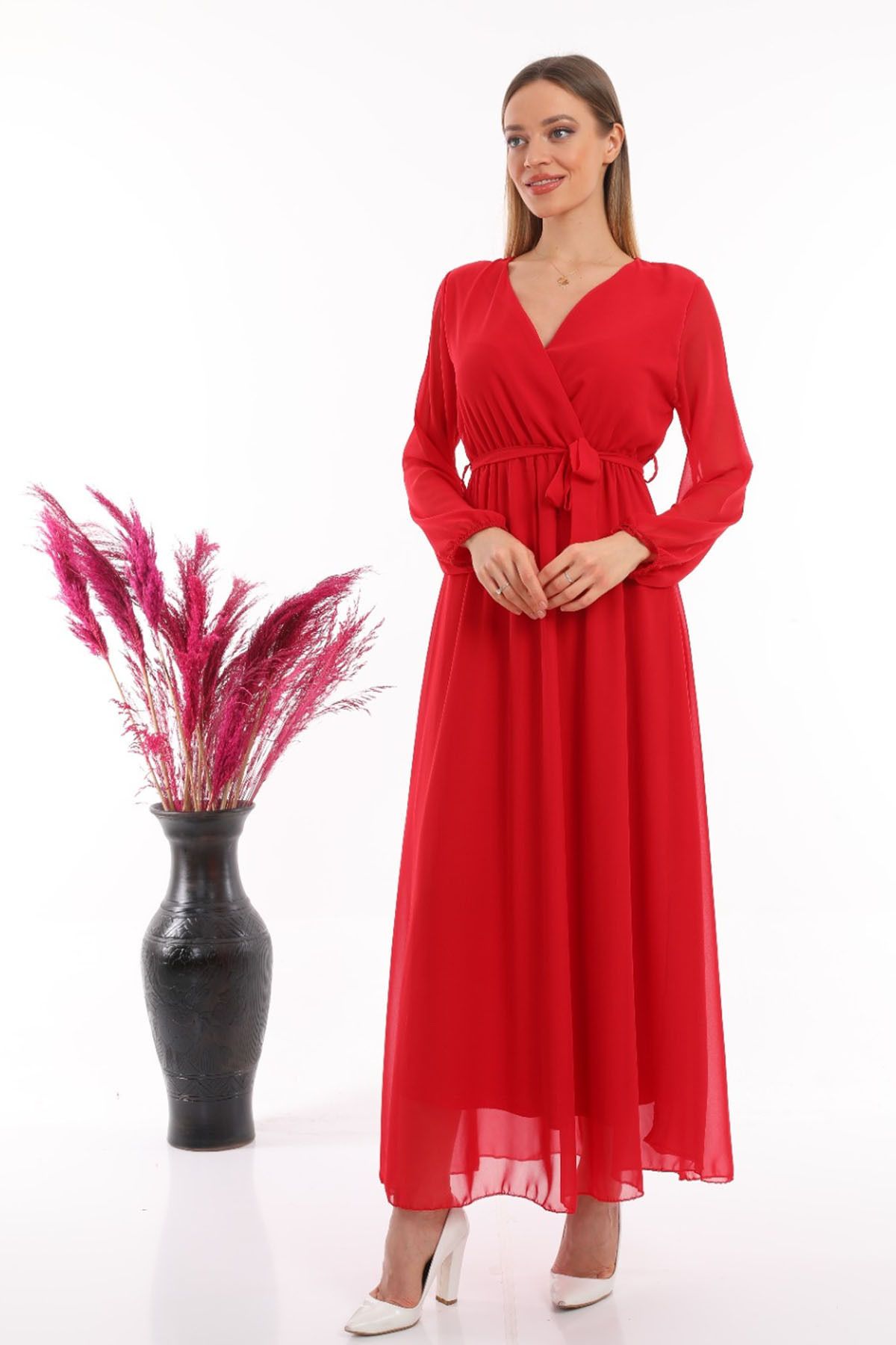 zks grup tekstil-Red Double-breasted Collar Belted Plus Size Chiffon Dress 3