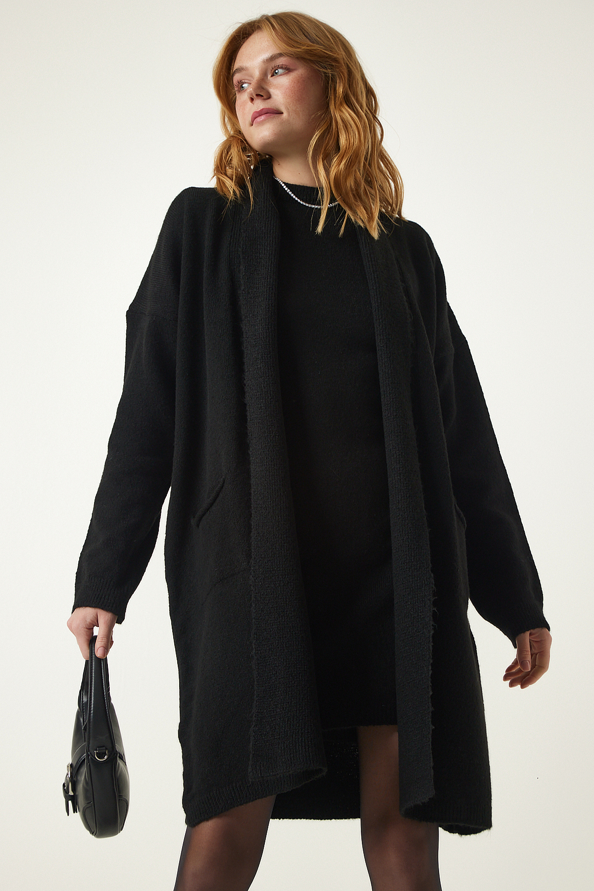 Happiness İstanbul Women's Black Pocket Knitwear Dress Cardigan Suit YY00194