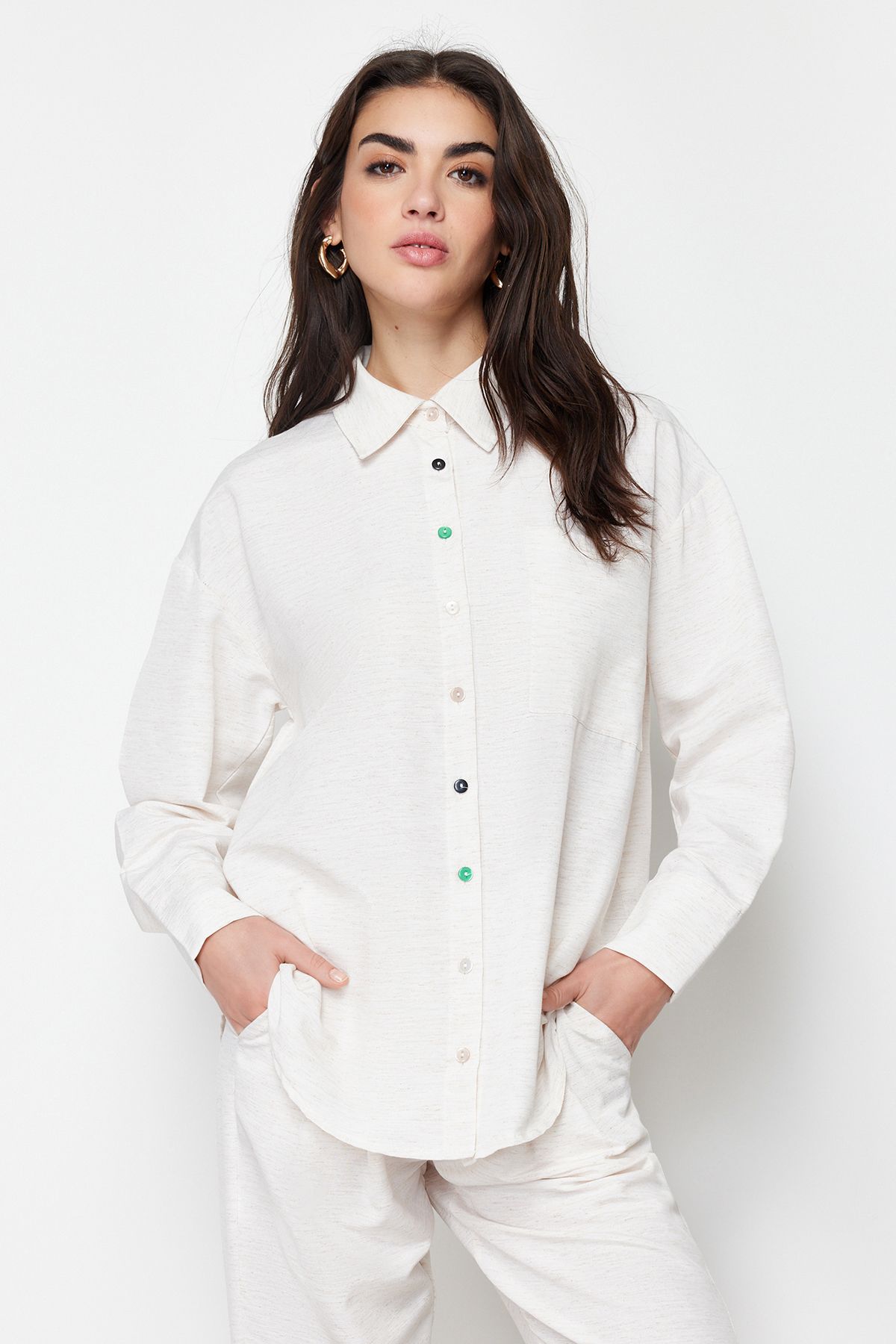 Trendyol Modest-Бежева ткана білизна Linen Look Gomlek Брюки TCTSS24US00022 3