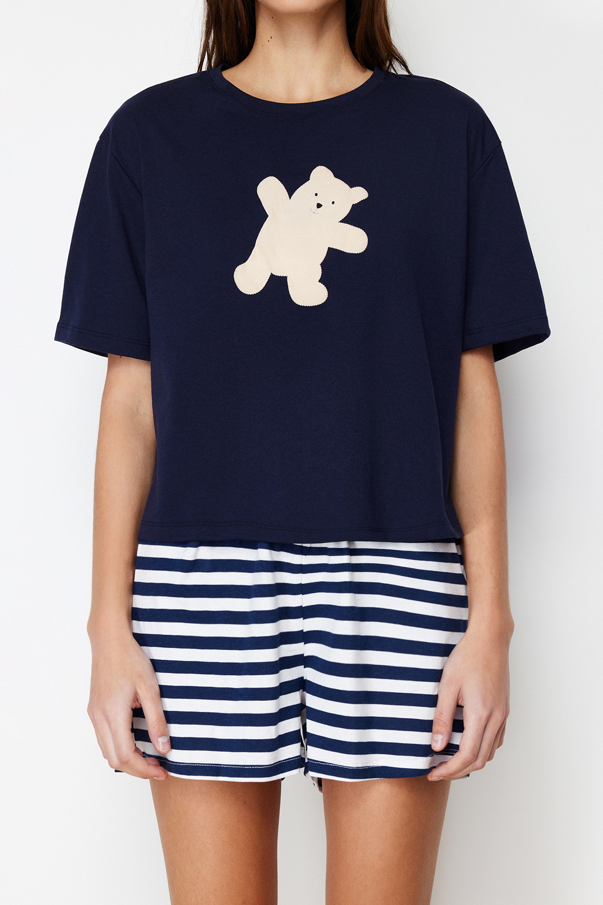 Trendyolmilla  Lacivert %100 Pamuklu Ayıcıklı Şortlu Örme Pijama Takımı THMSS24PT00039 - Görsel 4