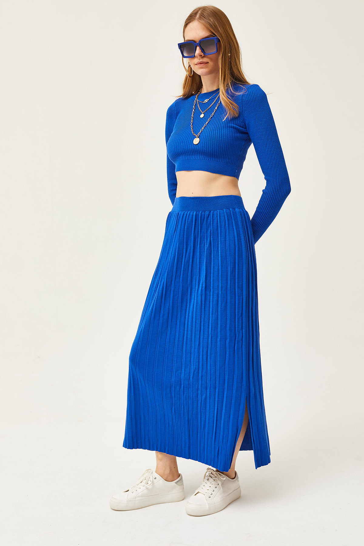 Olalook Kadın Saks Mavi Üst Kazak Alt Pileli Yırtmaçlı Triko Takım TKM-19000257