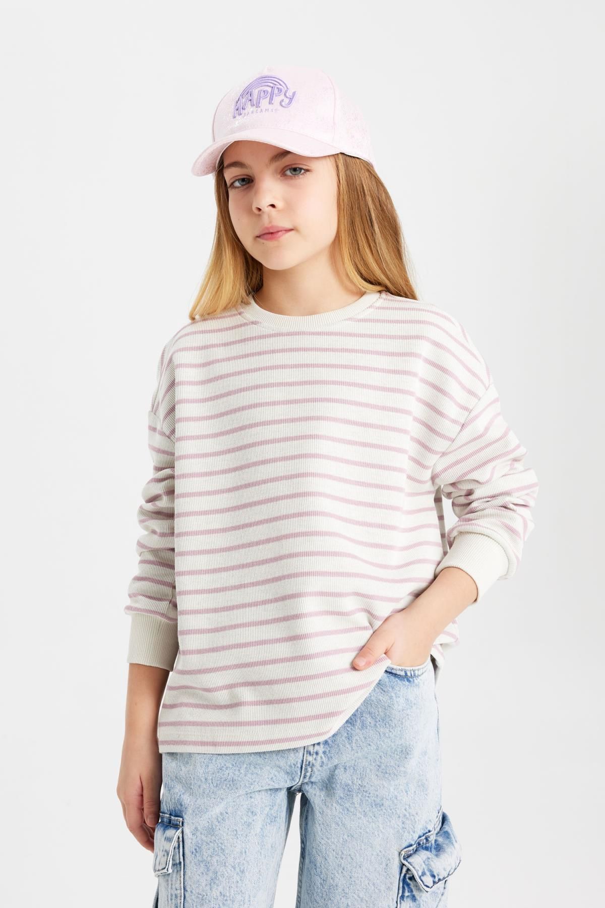 Kız Çocuk Relax Fit Bisiklet Yaka Çizgili Sweatshirt B7378a824sp