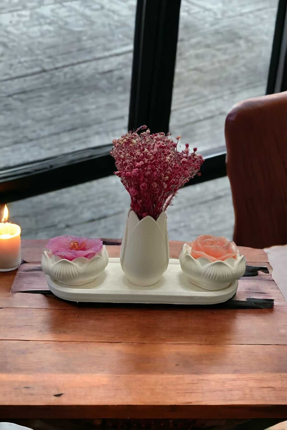 RAİSE STYLE-Tulip Patterned Minimal Vase with Oval Plate and Lotus Flower Pattern Candle Holder 3