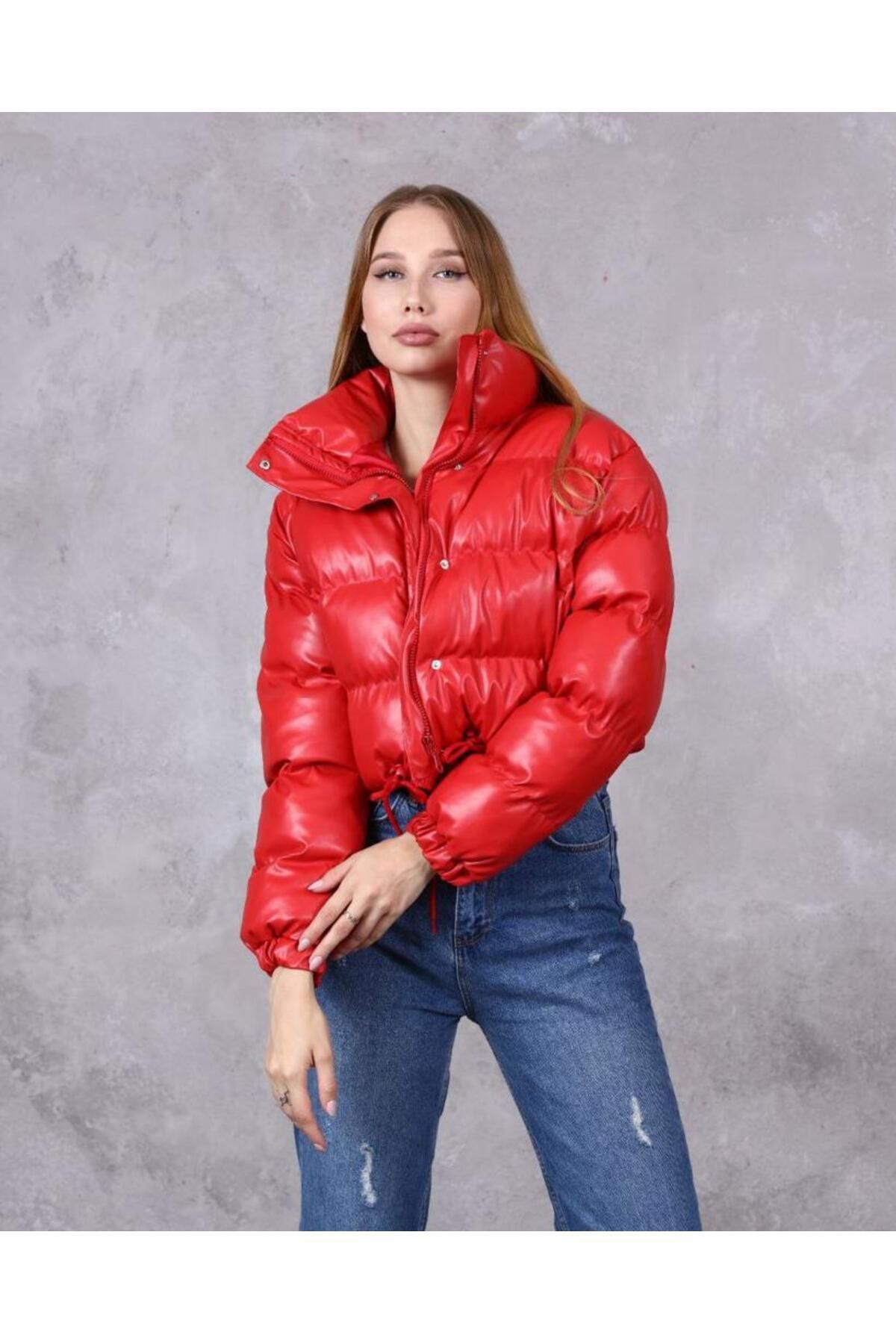gnites Women s Leather Crop Puffer Jacket Trendyol
