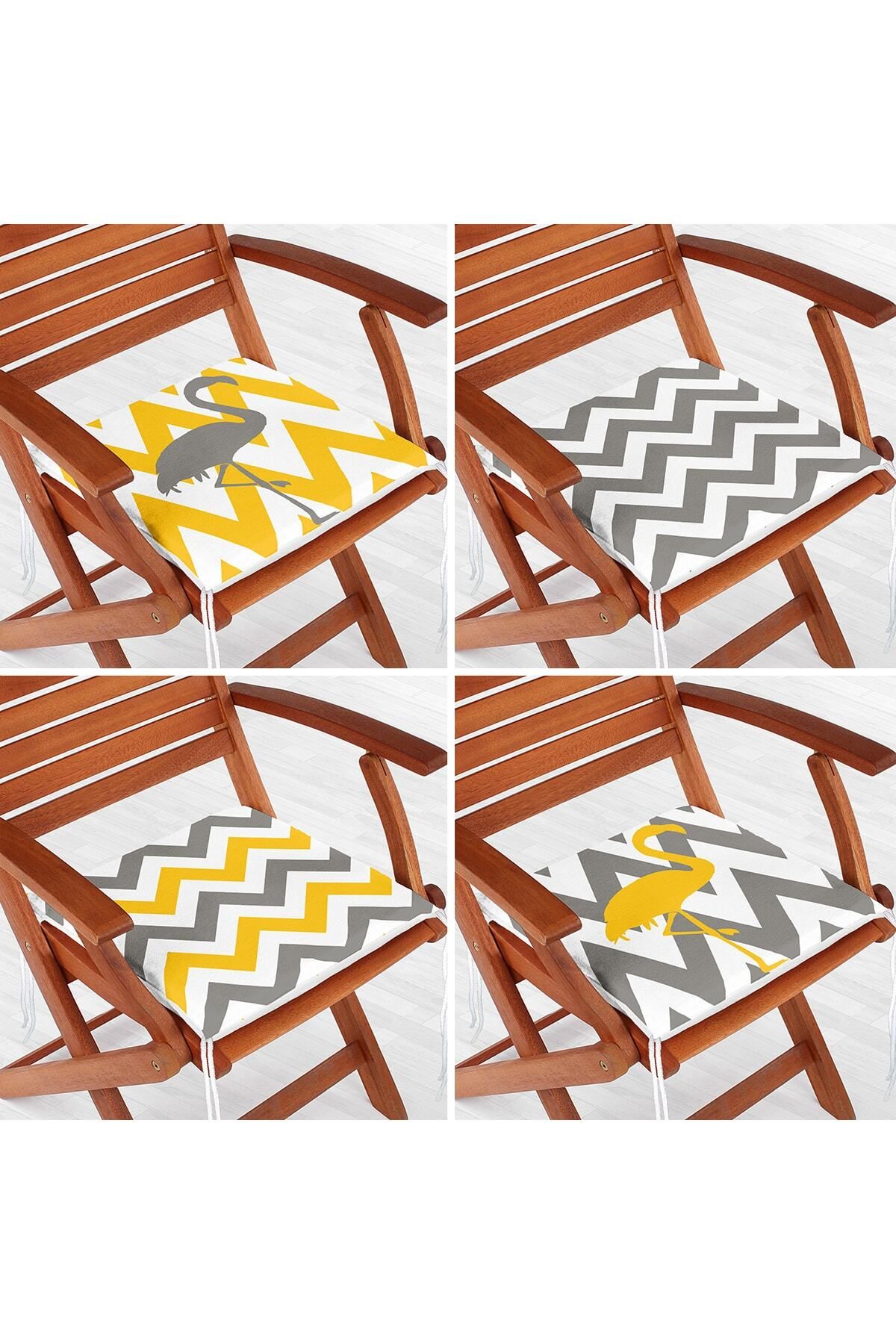 Nish & Royal-Set of 4 Yellow Gray Zigzag Flamingo Patterned Zippered Chair Cushions 1