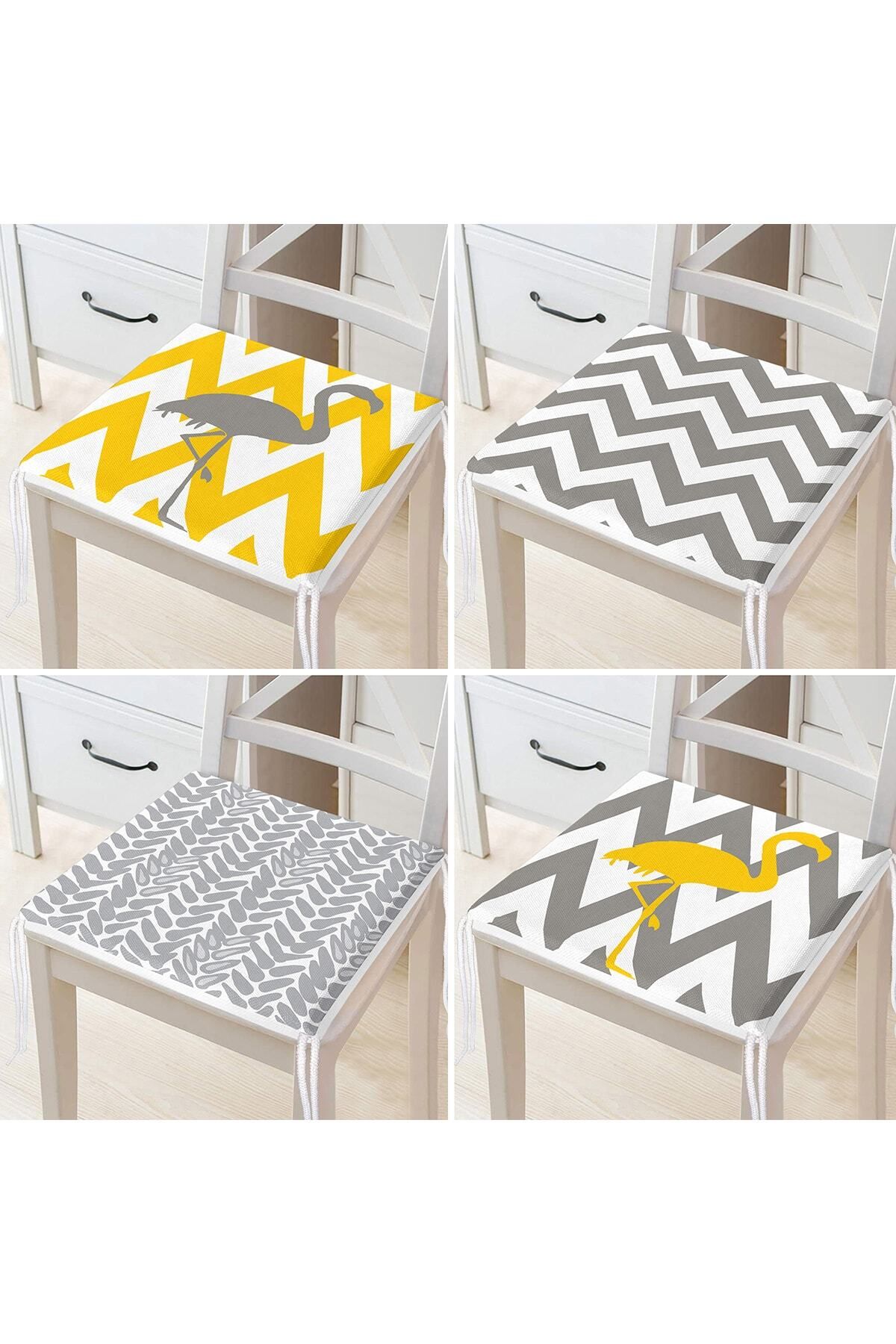 Nish & Royal-Set of 4 Yellow Gray Zigzag Flamingo Patterned Zippered Chair Cushions 2