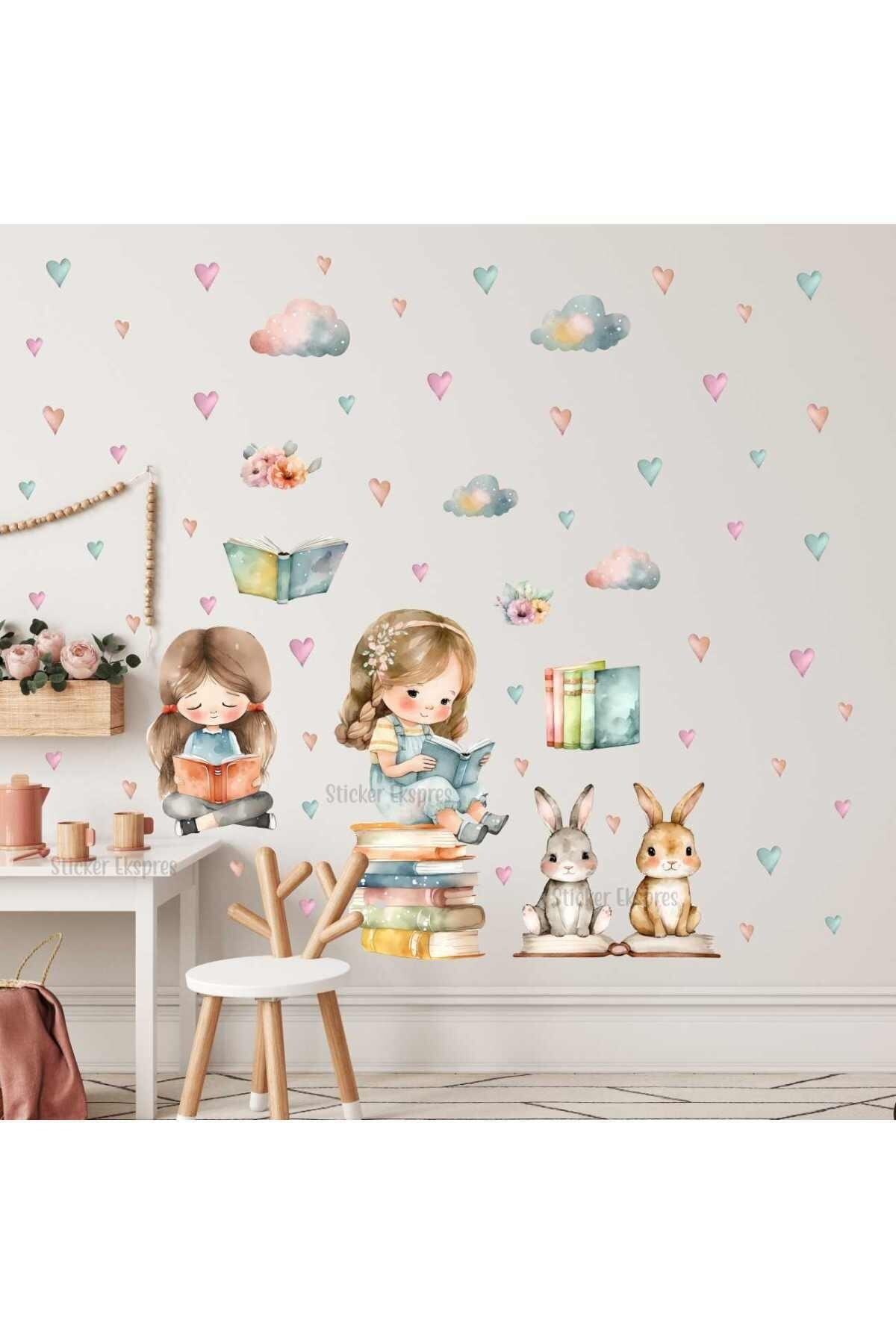 Sticker Ekspres Kitap Okuyan Kızlar Çocuk Odası Duvar Sticker Seti fotoğrafı 2 (önizleme)