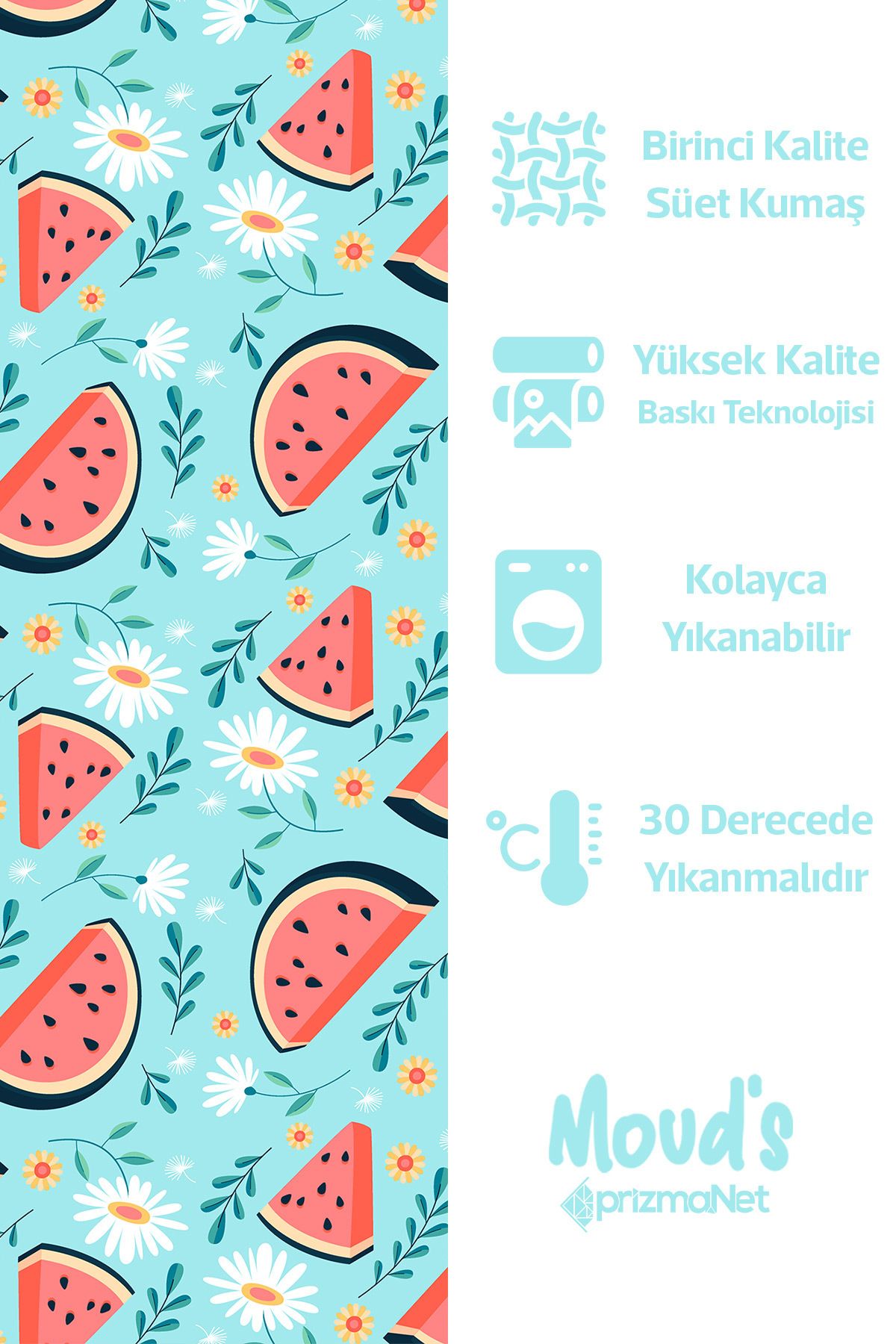 Moud's-Turquoise Watermelon and Daisy Patterned Suede Carefree Tablecloth 2
