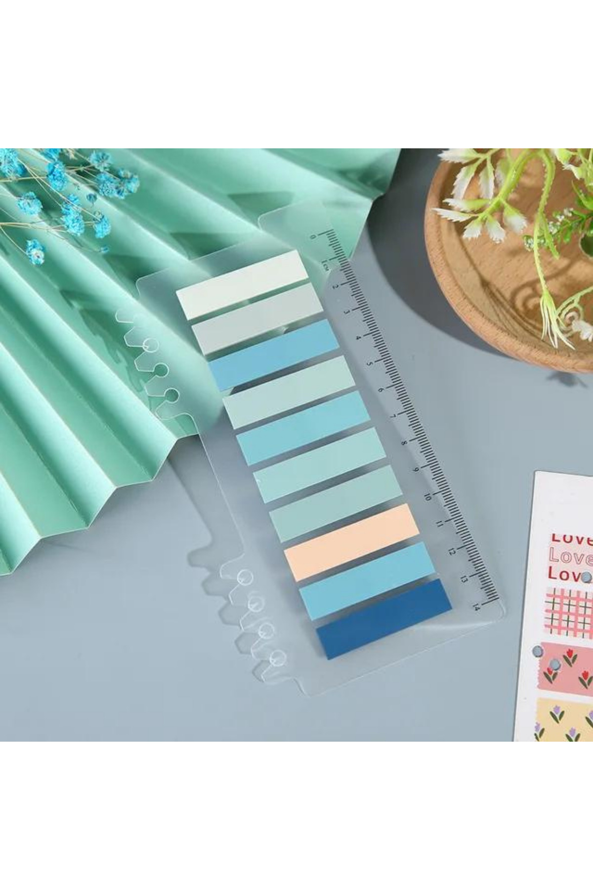 NaSaDAN 10 Renk Soft Mavi Tonları Sticky Cetvelli Şeffaf Postit 200 Yaprak